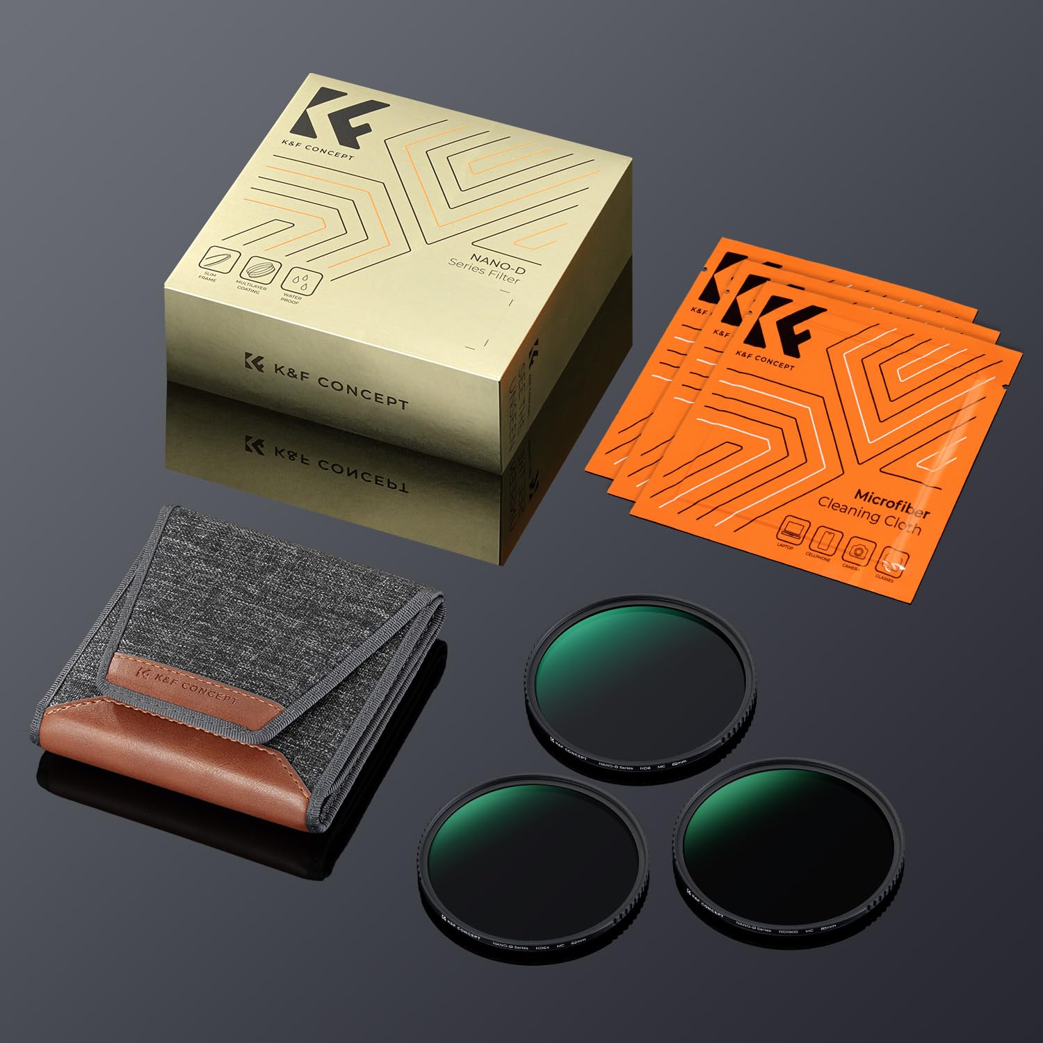 K&F CONCEPT Ø77mm Filtre ND8+ND64+ND1000+Sac+3 Chiffons Densité Neutre 3/6/10 Stops Nano-revêtement HD Anti-Rayures Étanche pour Objectif Appareil Photo (D Série)
