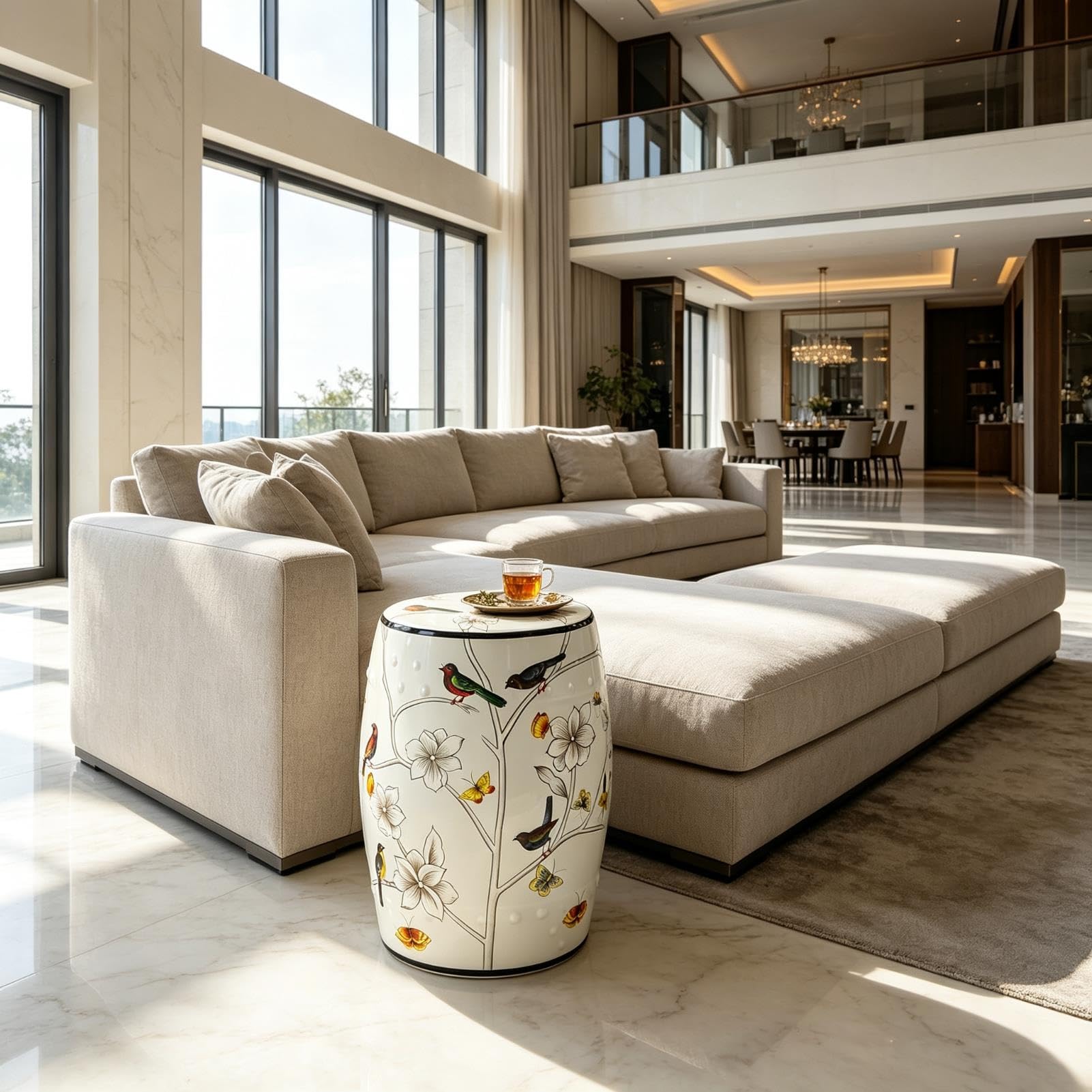 Stołek Ogrodowy Z Bębnem Ceramicznym, Ręcznie Malowany Kwiatowy Ptak, Tradycyjna Chinoiserie Do Użytku Wewnątrz/na Zewnątrz, Odporna Na Zalanie Glazura Do Salonu, Ogrodu, Balkonu(White)