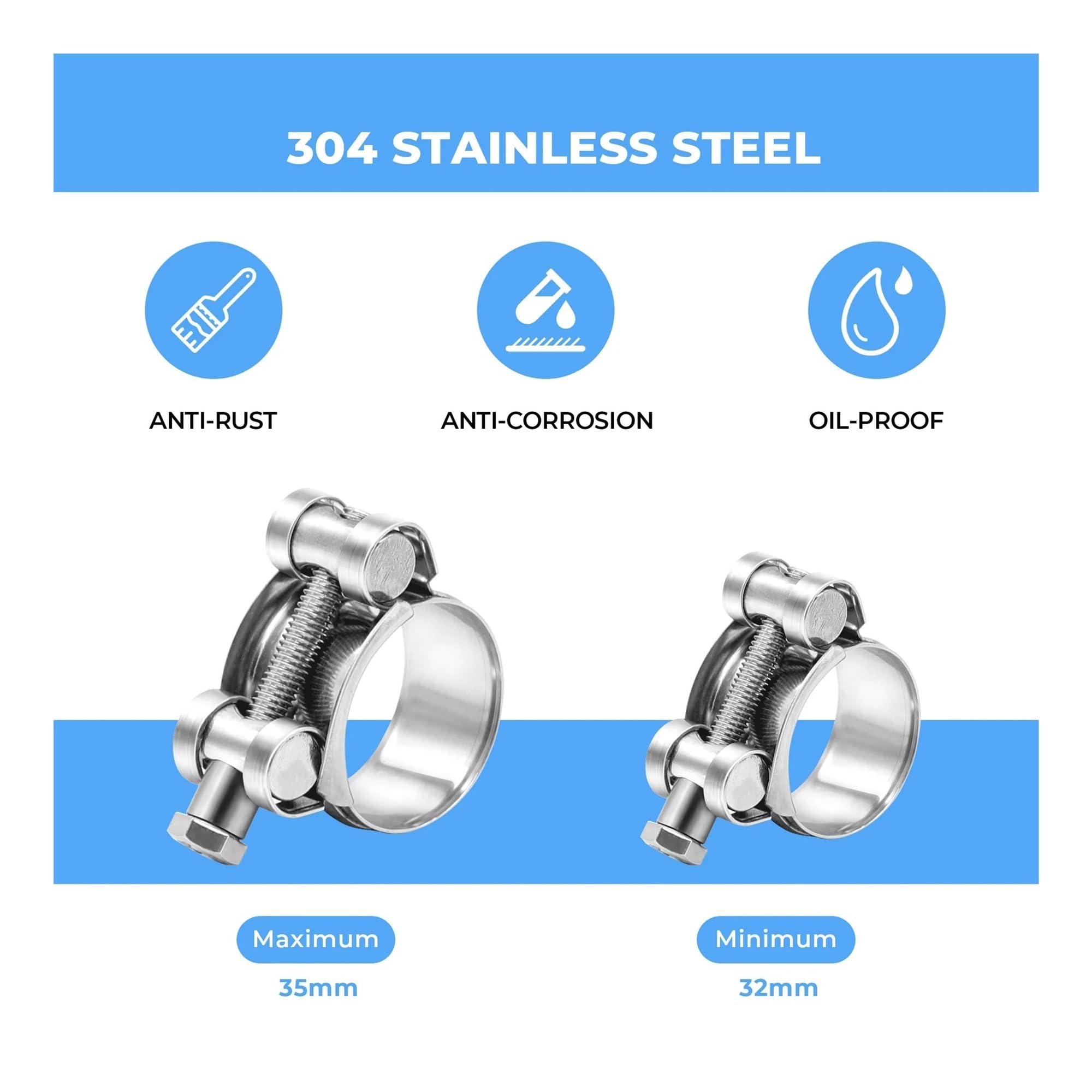 6 sztuk 304 zaciski do węży ze stali nierdzewnej T Bolt, 17-174mm Heavy Duty regulowany zacisk rurowy do rury wydechowej Turbo Intercooler(6pcs 17-19mm)