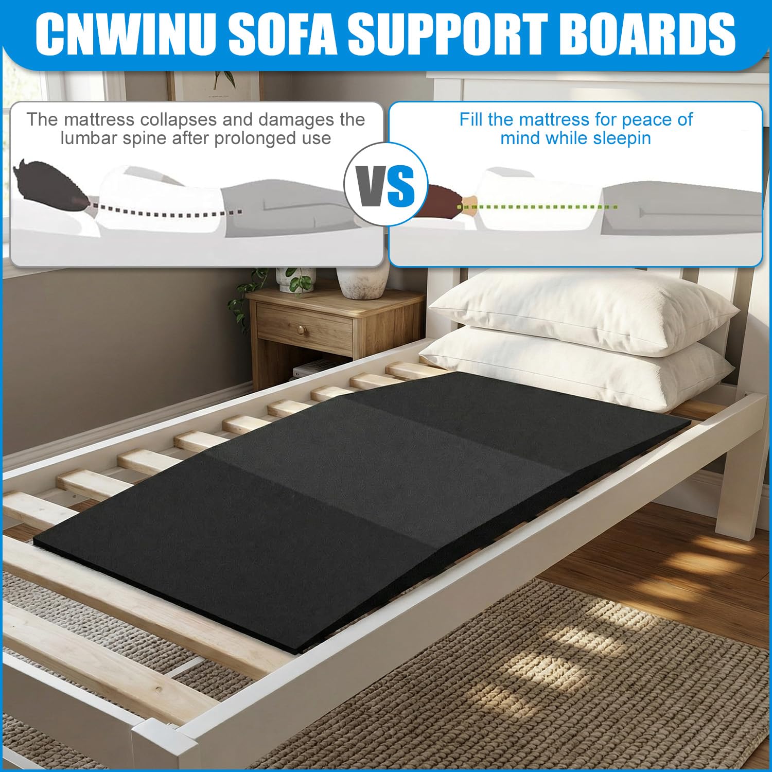Support de matelas affaissé pour réparer les lits qui coulent - Coussin en mousse haute densité - 120 x 60 x 5 cm - Noir - Support trapézoïdal sous le matelas - Planches de support découpables