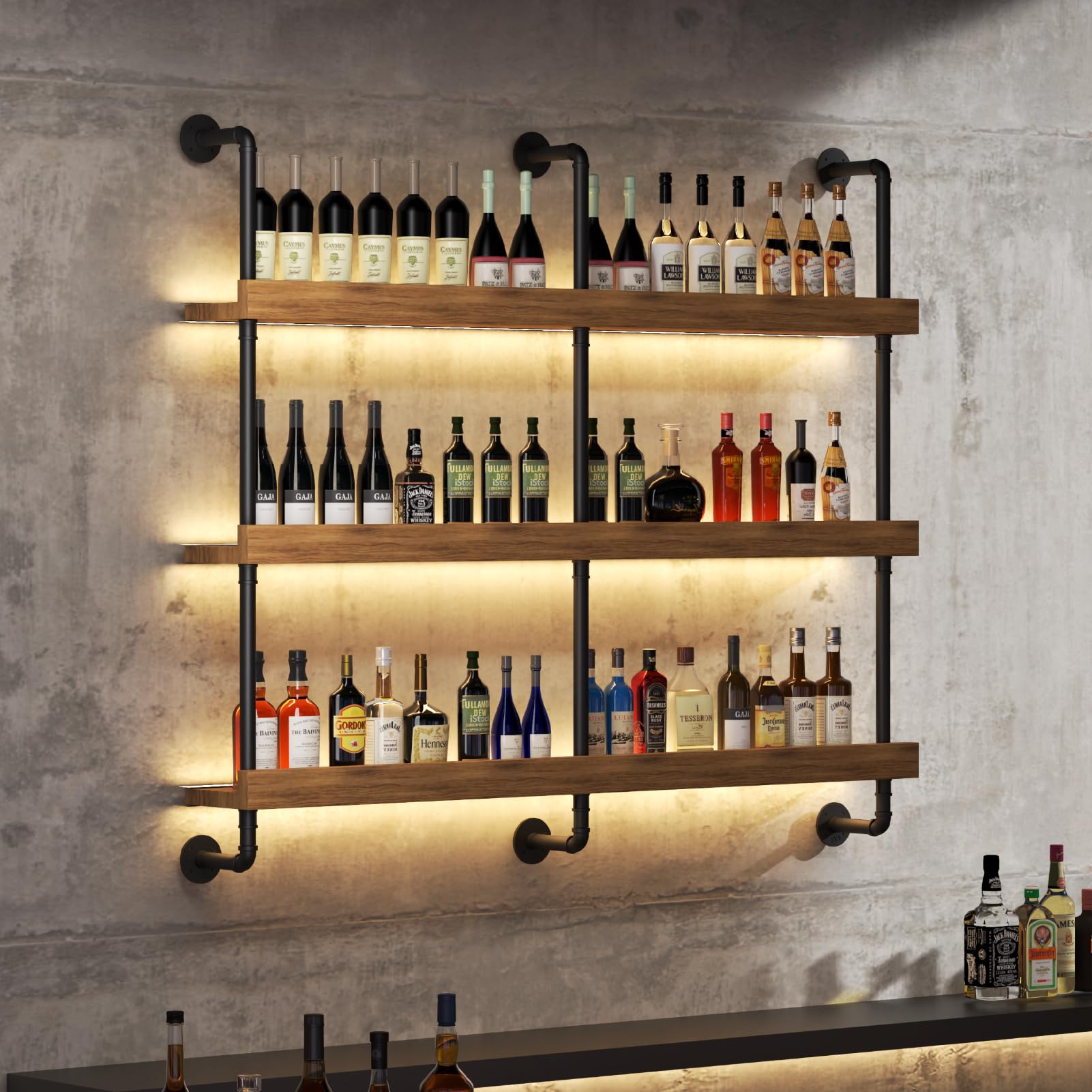 Porte-Bouteilles Muraux AVCE LED, Casier à Vin en MéTal avec Porte-Verre, Étagère À Vin Suspendu pour Maison, Cuisine, Bar, Salle À Manger (140x110x22cm)