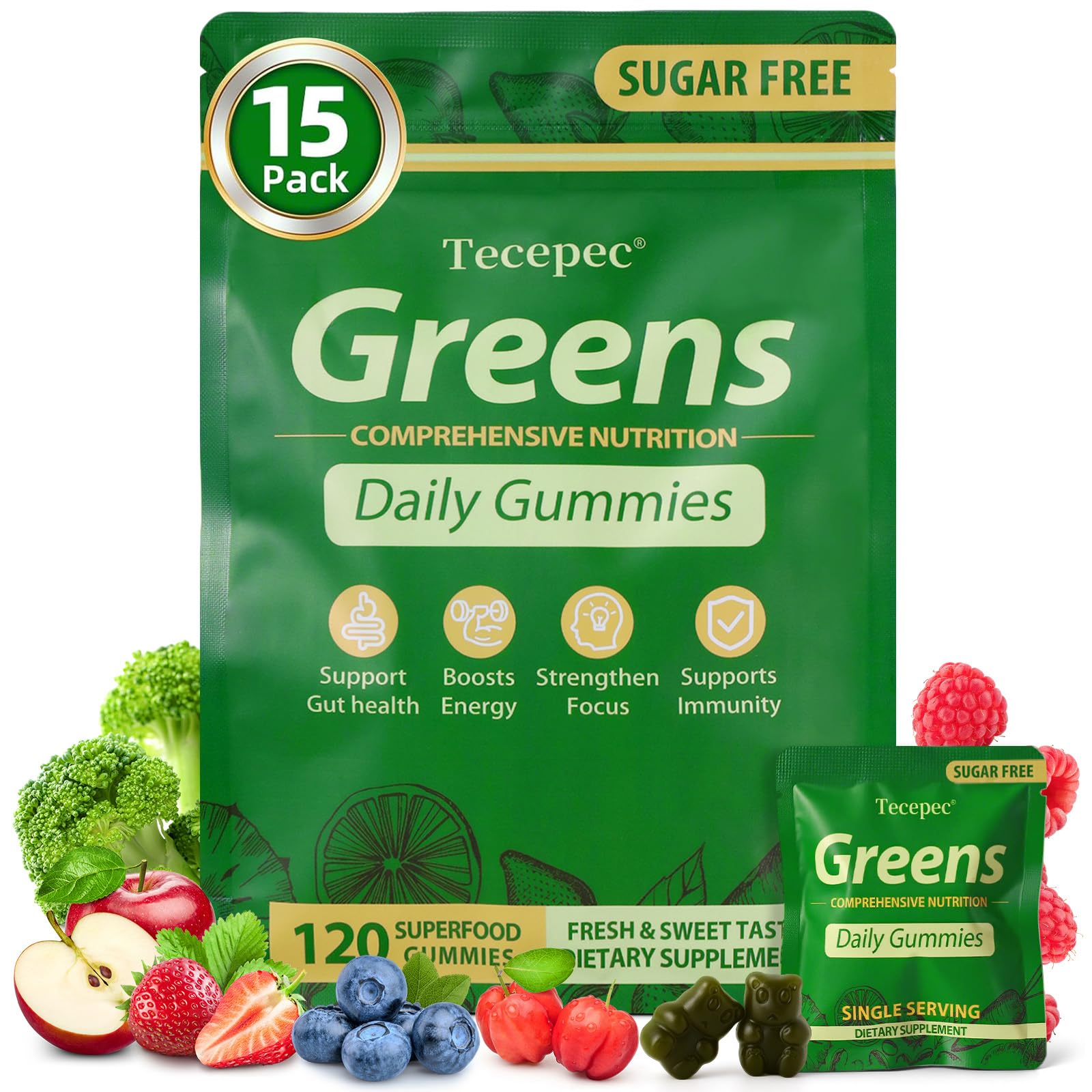 Tecepec Suplemento de Spirulina em Gomas Veganas com Clorela, Prebióticos e Vitaminas, 120 gomas