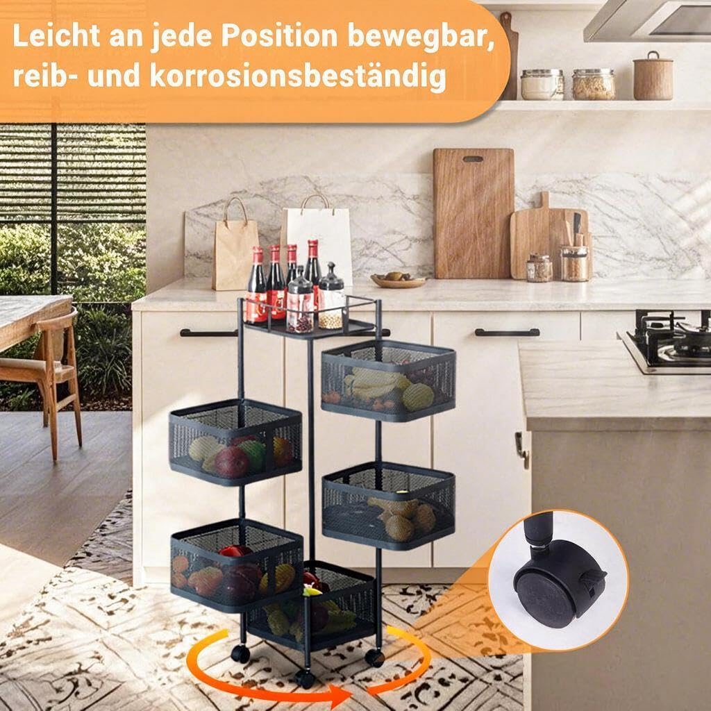 Drehbarer Aufbewahrungswagen mit 5 Etagen，Carbonstahl Küchenregal mit Rollen 26 x 26 x 95.5 cm, Platzsparender Rollwagen für Obst, Gemüse, Snacks，Küchenorganizer für Büro, Wohnzimmer und Küche