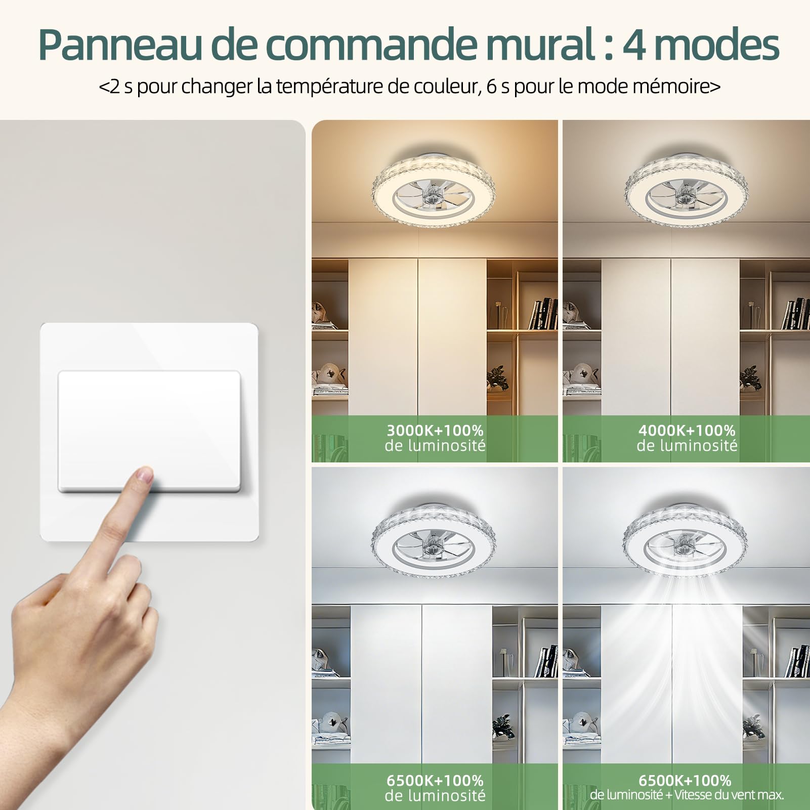 Ateroll Cristal Ventilateur Plafond avec Lumiere Ø43.5 cm, 3000K-4000K-6500K+RGB, 6 Vitesses de Ventilation Réglables avec Télécommande, Minuterie, Mémoire de Lumière, Ventilateur Réversible