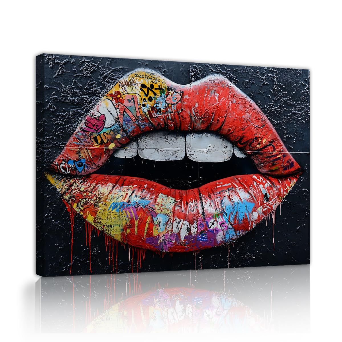 TOANGWALL Urban Graffiti Lips Framed Canvas Wall Art Living Room Red Mouth Pop Art Street Culture Splash Poster Prints for Bedroom Lounge Decor 50x60cm