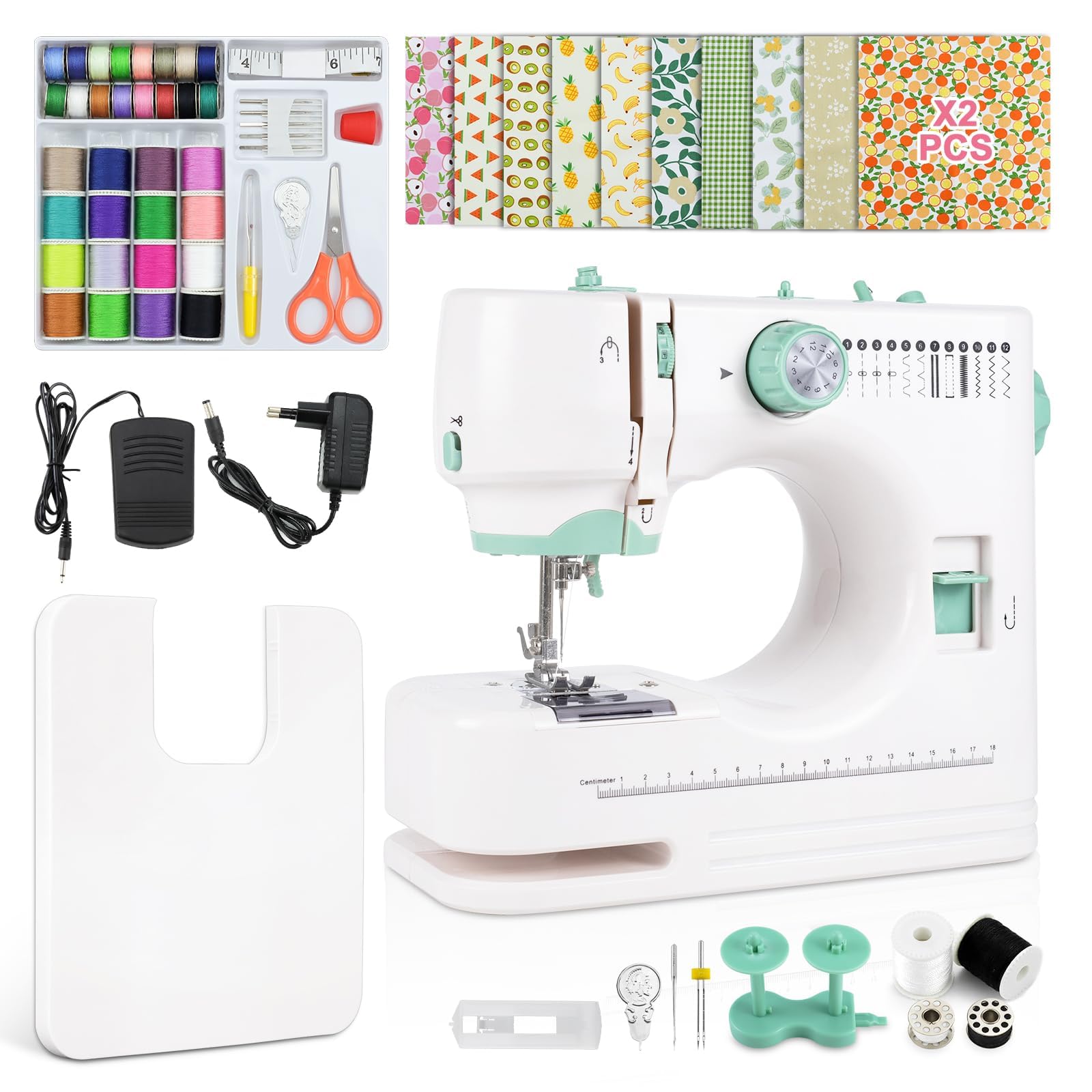 Máquina de Coser Eléctrica Portátil con Prensatelas de Doble Intercambiable | 12 Patrones + Control Velocidad, 20 Telas Florales (20x20 cm), Pedal y 60+ Accesorios para Principia