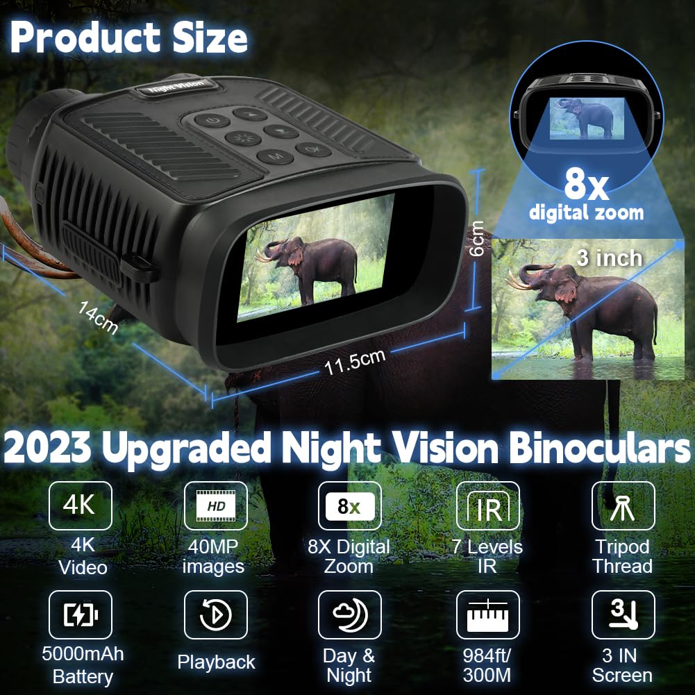 Vicloon Jumelles Vision Nocturne, 4K HD Jumelle Vision Nocturne Infrarouge avec Carte 32Go, écran UHD de 3"/Portée Visuelle 300M/ 5000mAh Batterie Rechargeable/Zoom Numérique 8X, pour Chasse/Camping