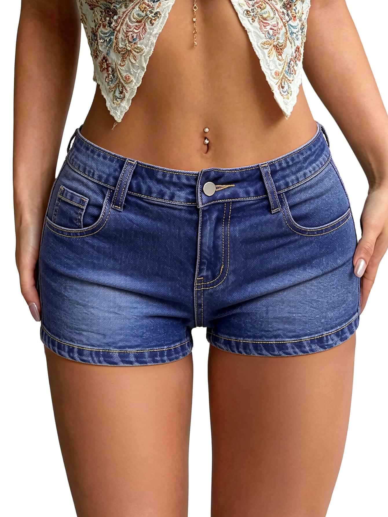 MONCCIZA Low Rise Stretchy Jean Shorts for Women Y2K Mini Denim Shorts Summer Micro Jorts, Booty Shorts, Cute Blue Leopard, Going Out Bottoms