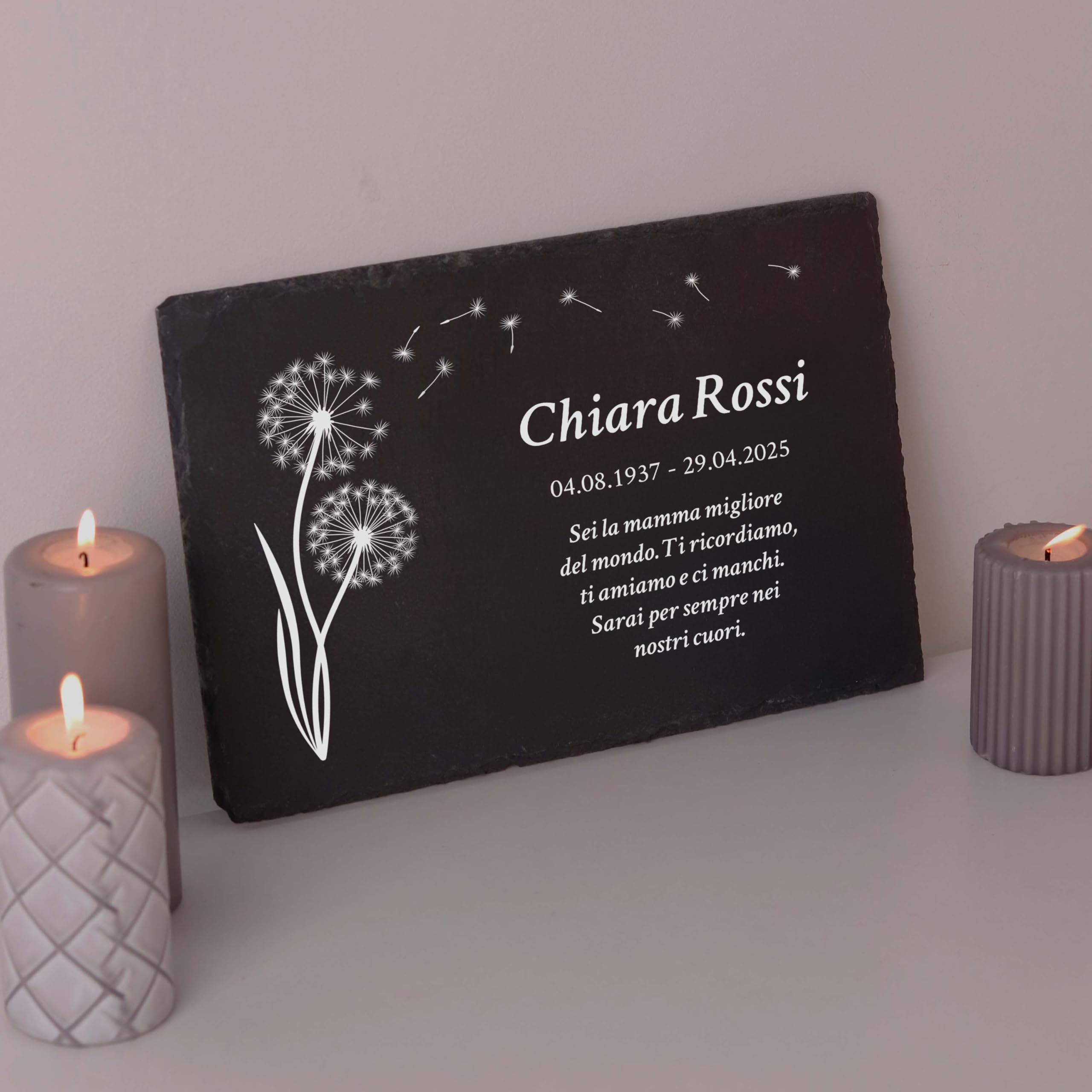 LAUBLUST Lapide personalizzata come decorazione funeraria con testo desiderato | Lastra in ardesia incisa come targhetta funebre - Motivo soffione, 3 dimensioni | Belle lapidi con nome