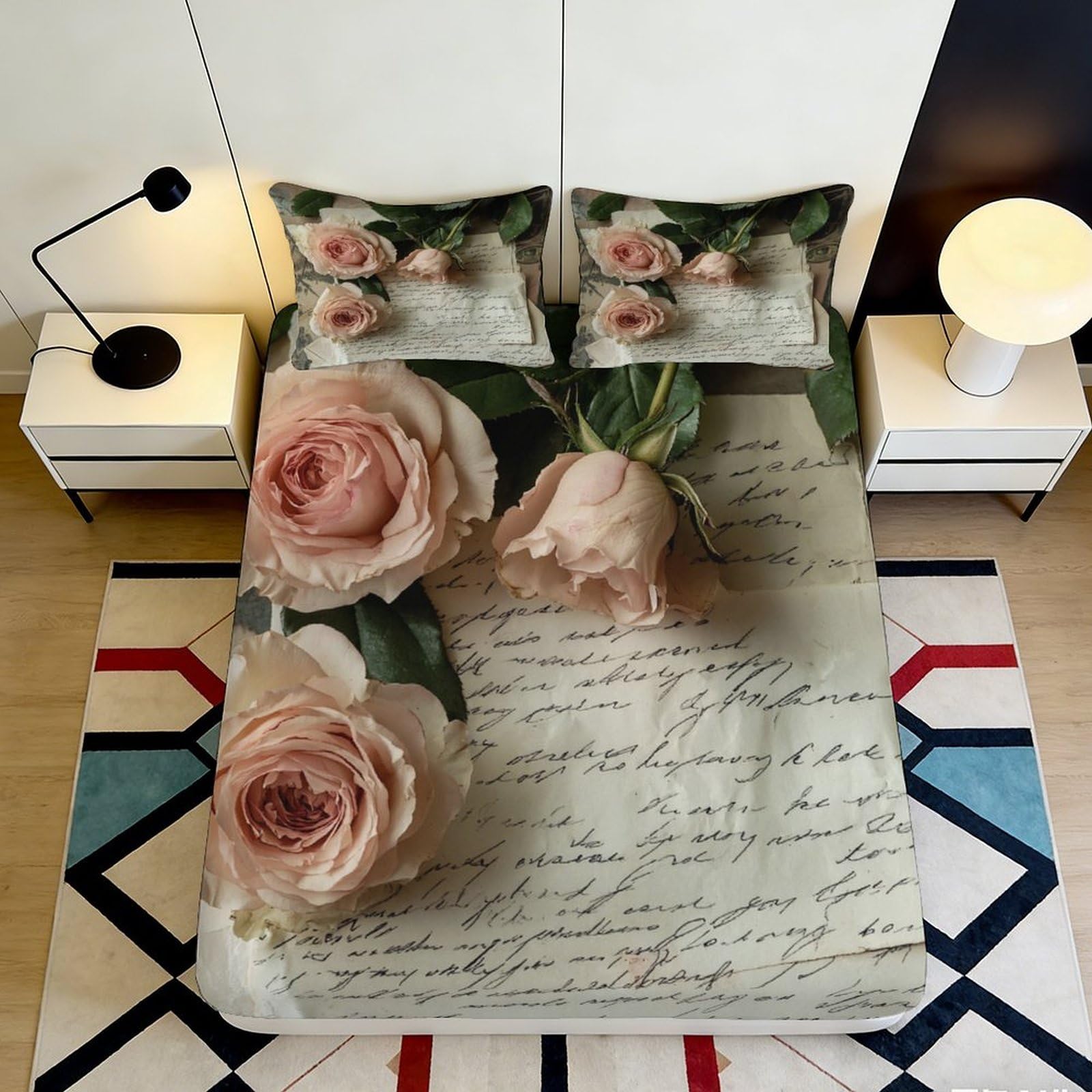 3D Printed Vintage Rose Fitted Sheet Microfiber Floral Script Mattress Cover for Bedroom Guest Room Decoration Easy Care 90x200x25cm