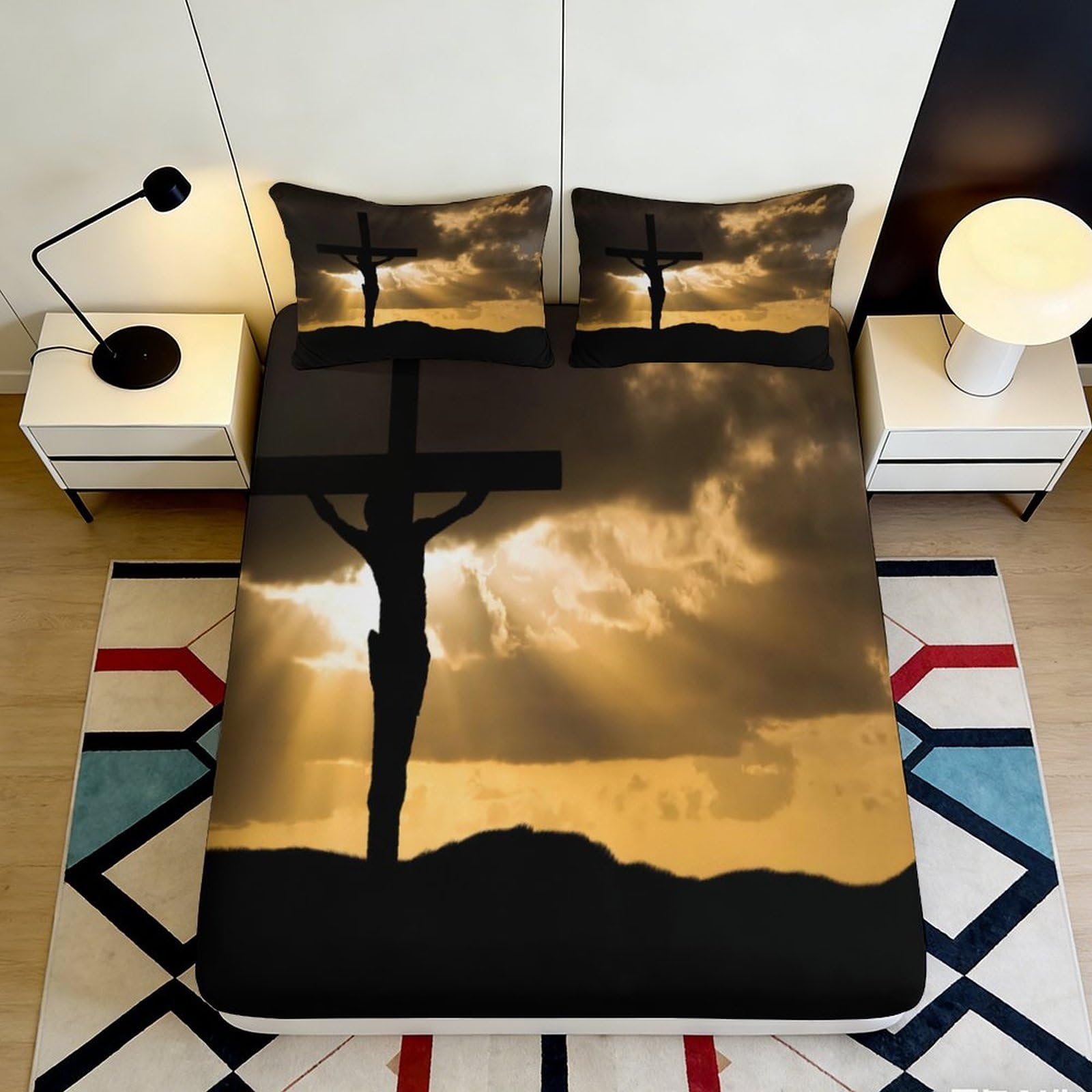 3D Printed Sunset Cross Fitted Sheet Microfiber Soft Breathable Religious Silhouette Mattress Cover Bedroom Decor 180x200x25cm