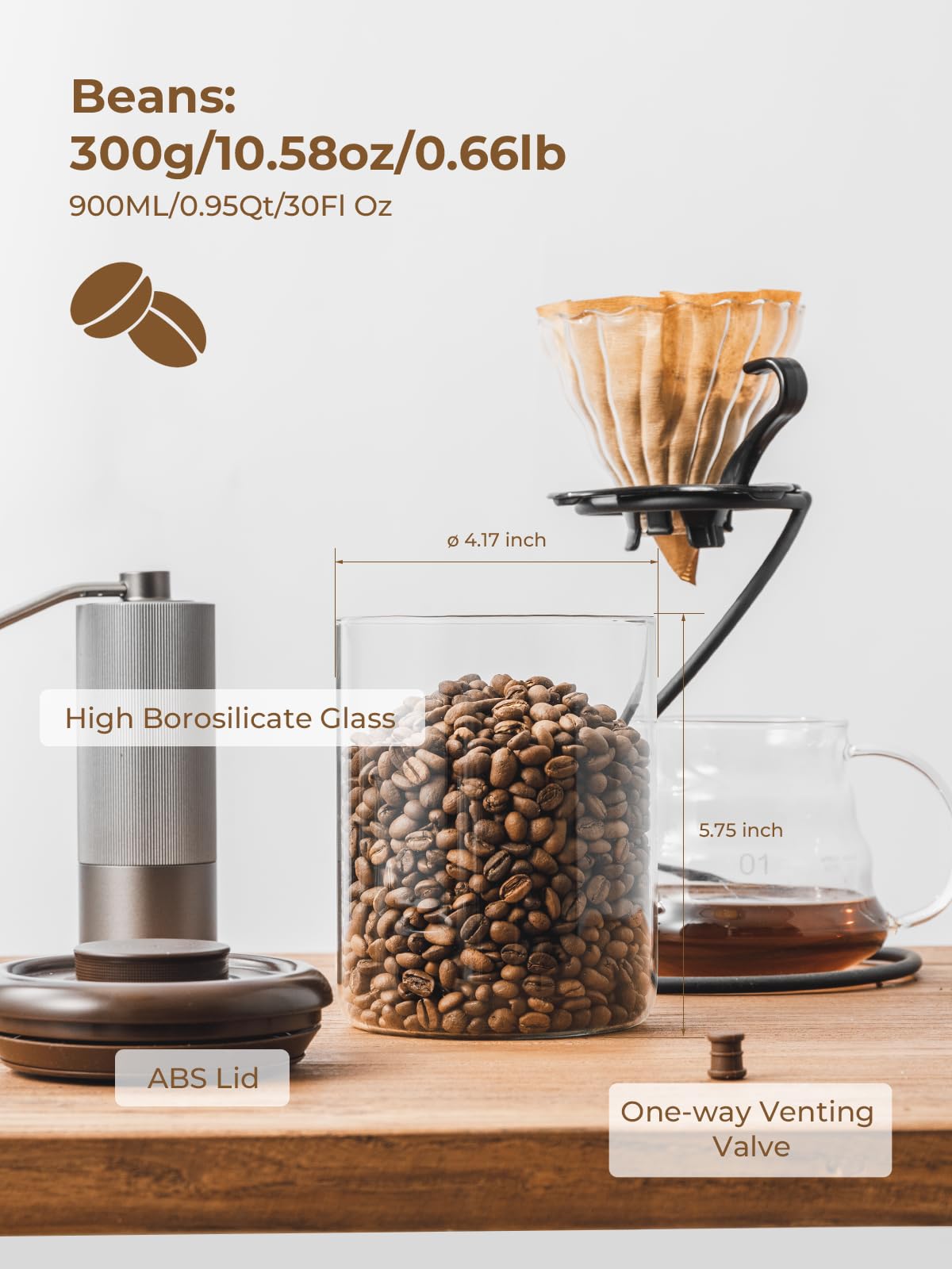 Recipiente de vidrio para café, 900 ml, 2 recipientes herméticos para almacenamiento de café, grandes recipientes de café molido con tapas, 300 g, color marrón