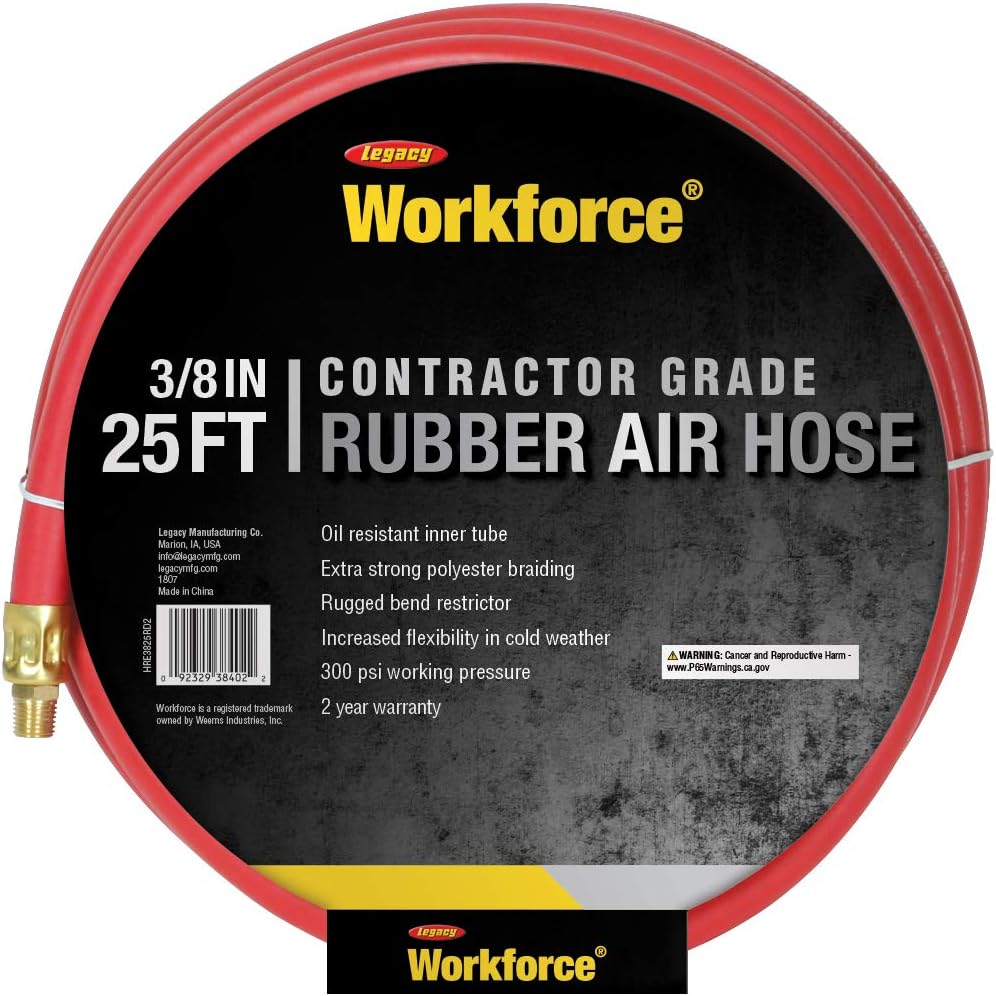 Workforce Air Hose, 3/8 in. x 25 ft., 1/4 Fittings, Rubber, Red - HRE3825RD2