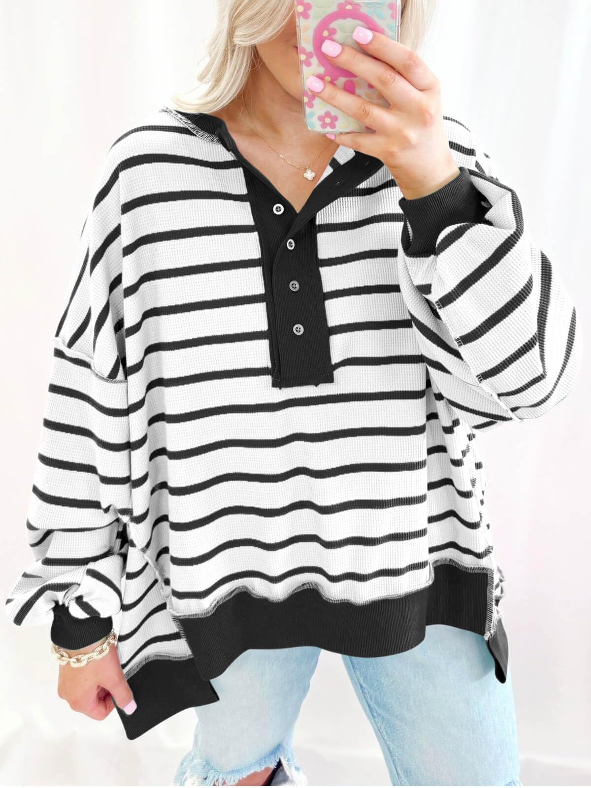 Sudaderas de gran tamaño para mujer, a rayas, estilo Henley, con bloques de color, informal, de punto gofre — view 3
