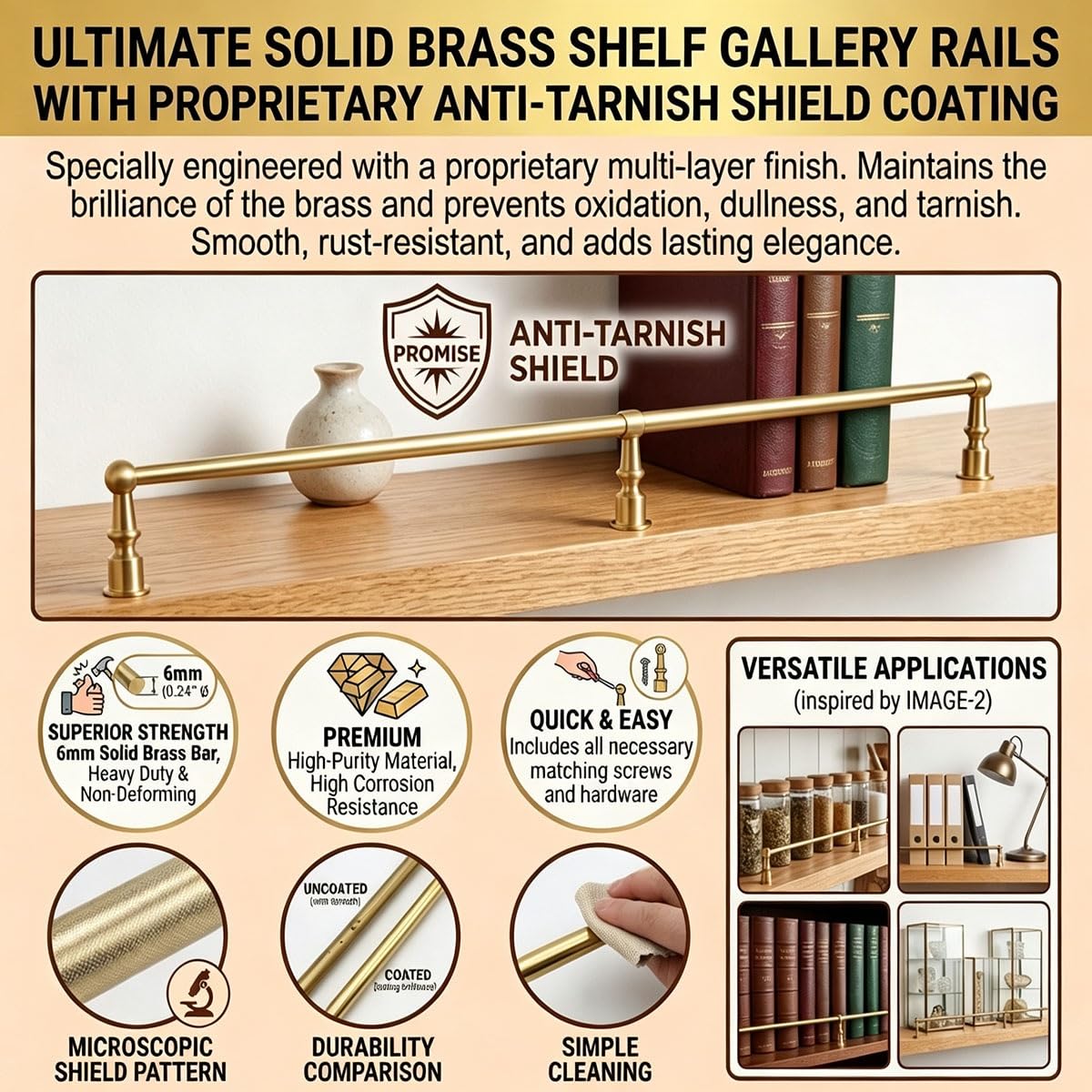 Generico Eleganti binari in Ottone per mensole da 24, 36, 48 e 78 Pollici - Accessori Decorativi Lunghi per casa, Ufficio e Negozi, Supporto Elegante per mensole a Parete