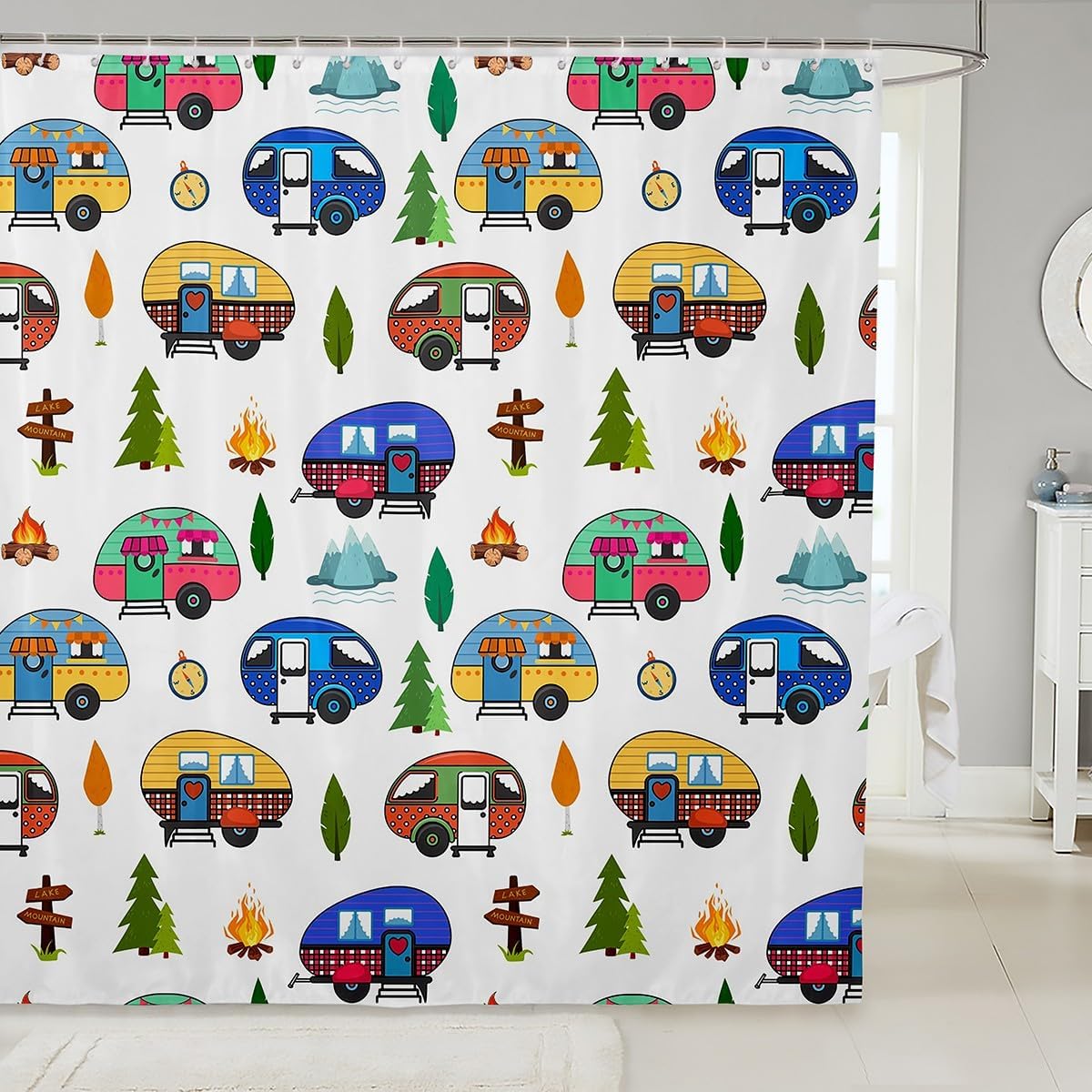 jejeloiu Happy Camping Decor Bath Curtain,Kids Boys Girls 72"x72" Camping Gifts Shower Curtain,Waterproof Travel Trailers Themed Bathroom Shower Curtain Set,Outdoor Travel Kids Bathroom Accessories