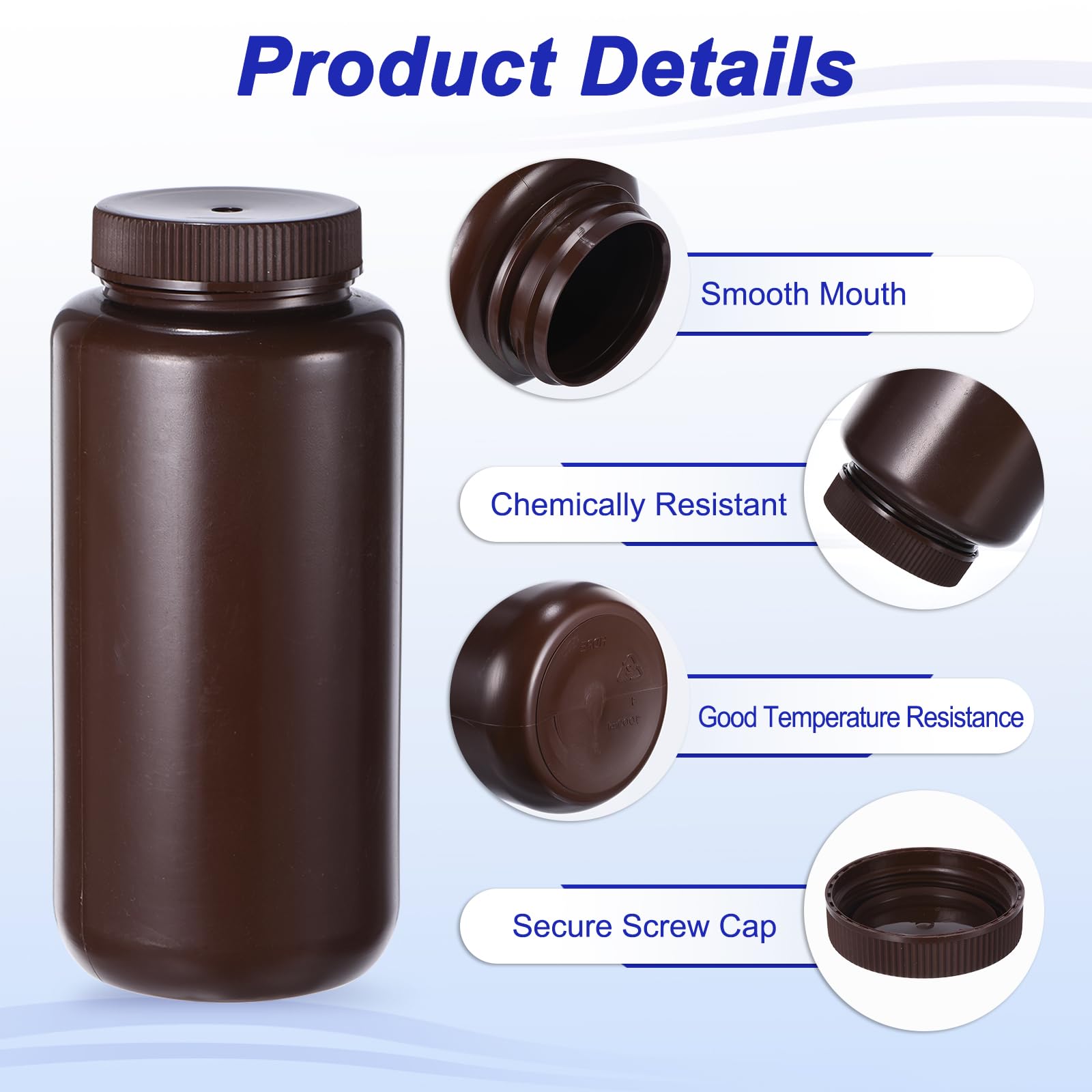 PATIKIL 8Pcs Bouteilles de Réactif de 1000 ml, Bouchon à Vis, en PE, à Large Ouverture, pour le Stockage de Réactifs Liquides et d'Échantillons Solides en Laboratoire, Couleur Ambre