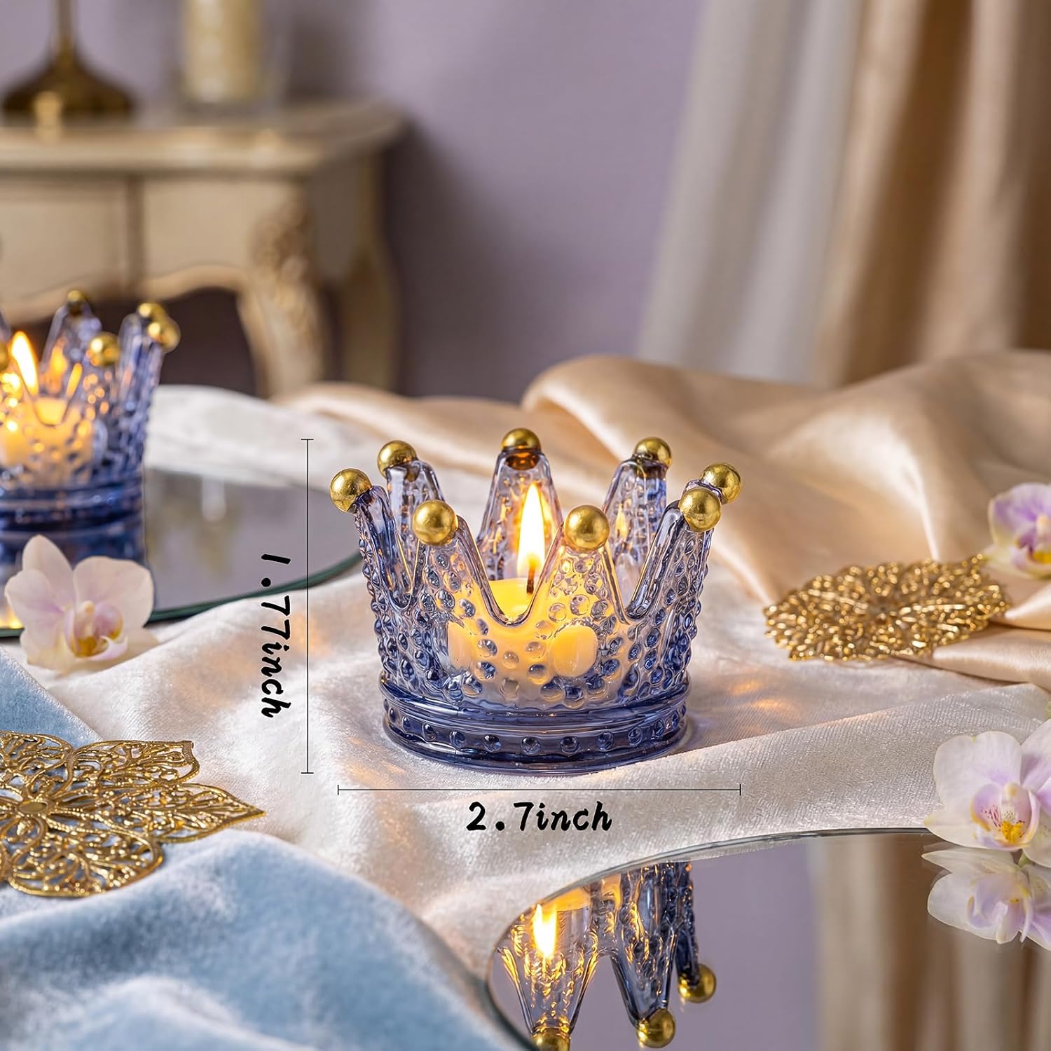 Rubtlamp 6 Pack Blue Votive Crown Candle Holders with Gold Tips, Glass Tealight Candle Holders Candlestick for Table Centerpieces Wedding Party Dinner Home Table Decor