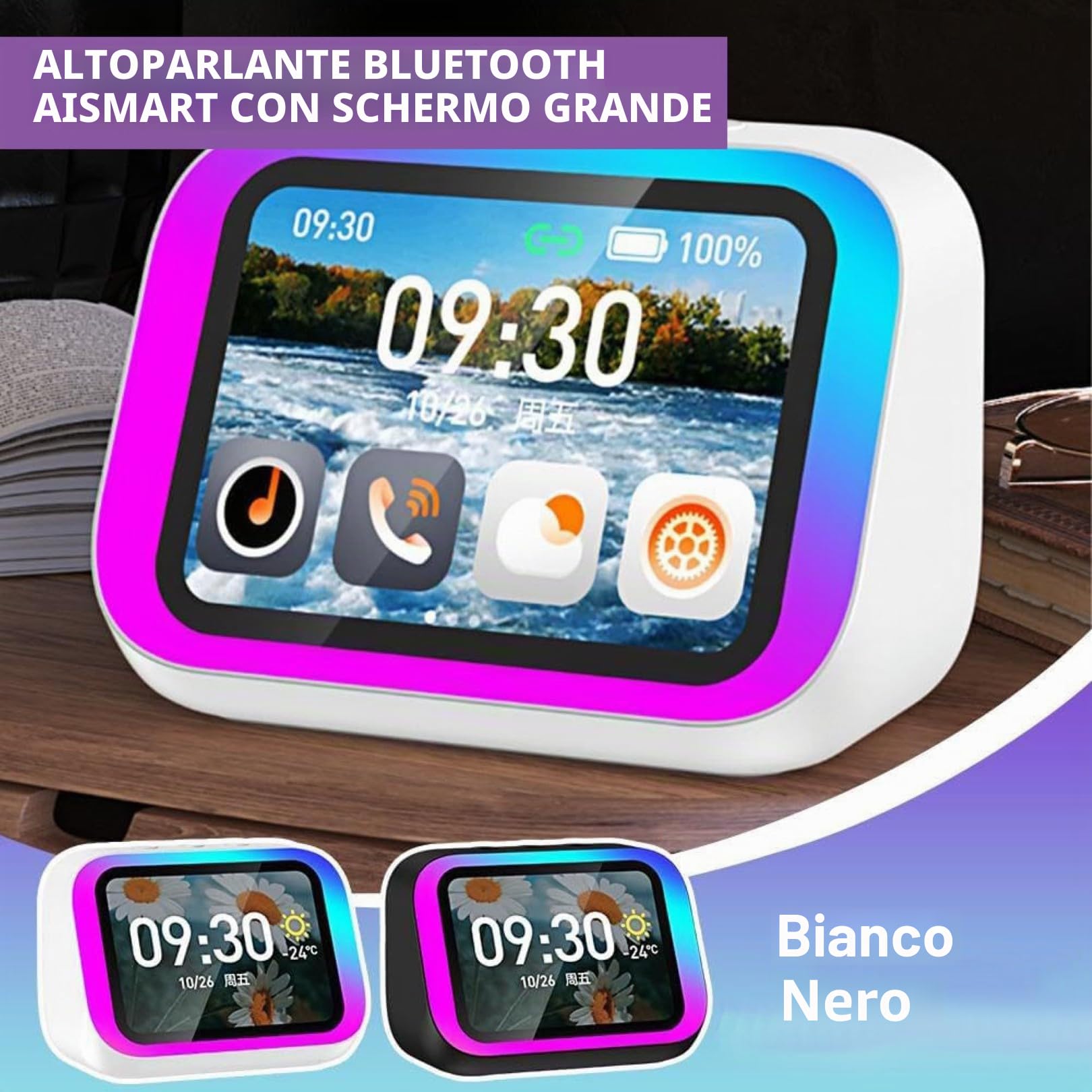 Sveglia Intelligente Ai con Bluetooth 5.4, Altoparlante e Luce Rgb Dinamica, Orologio Digitale da Comodino Portatile con Display di Ora e Meteo, Chiamate a Mani Libere Black