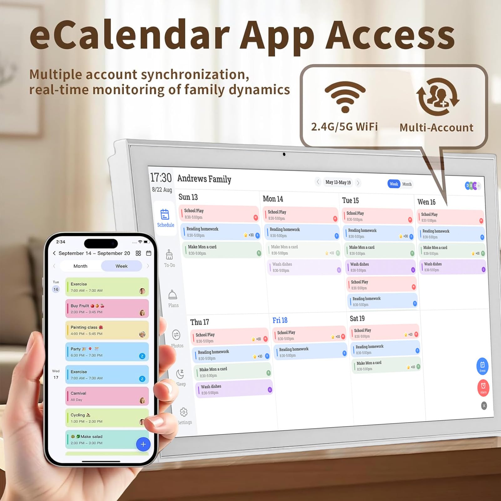 Fockety 21,5-Zoll-Smart-Digitalkalender, 1920 x 1080P-Touchscreen-Familienplaner, elektronischer Kalender und Aufgabenliste für nahtlose Planung, Wand- oder Tischhalterung (EU-Stecker (100–240 V))