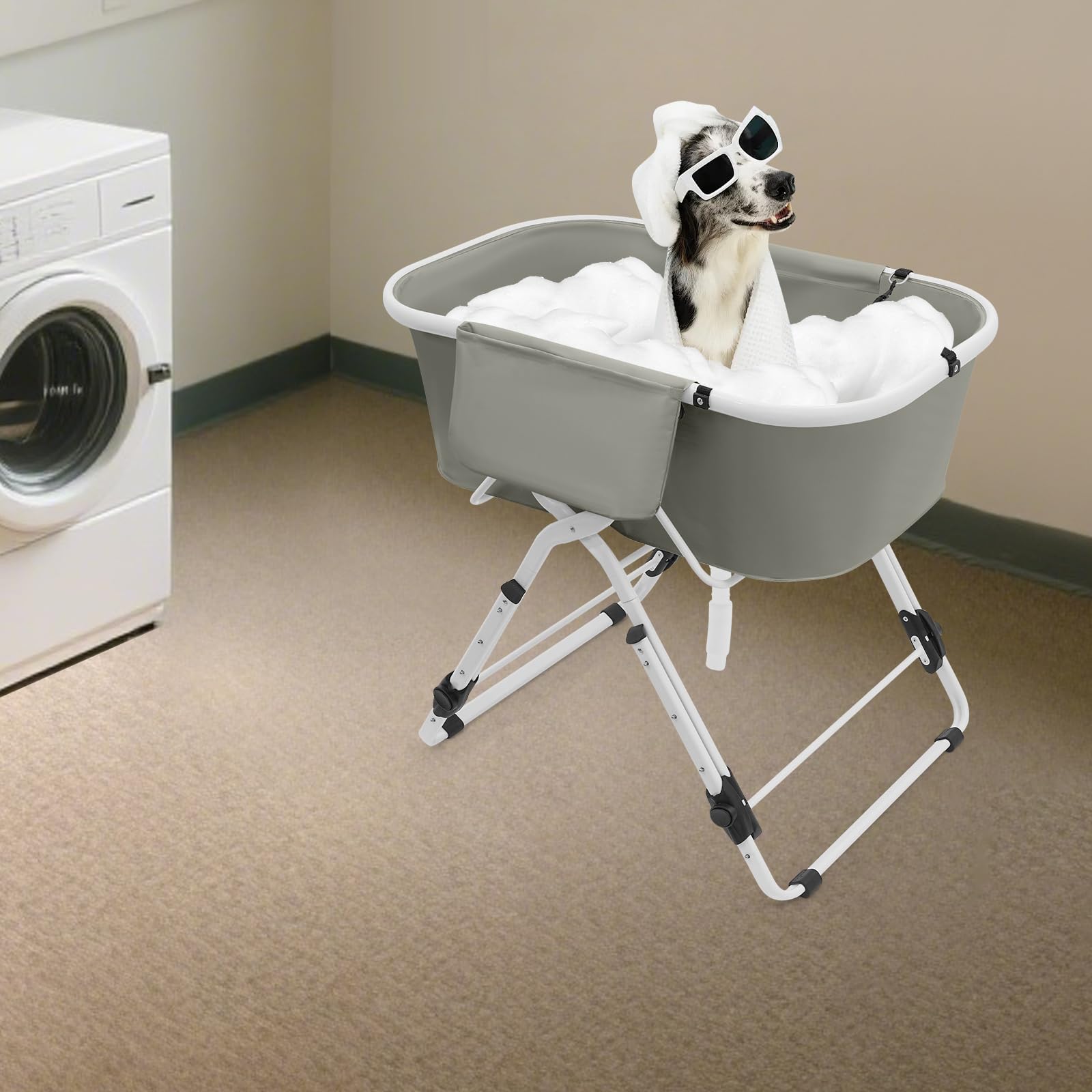 Hundebadewanne, Hundedusche für Kleine und Mittelgroße Hunde und Katzen, Badewanne mit Gestell, Erhöhte und Zusammenklappbare, Effiziente Entwässerung, Grau