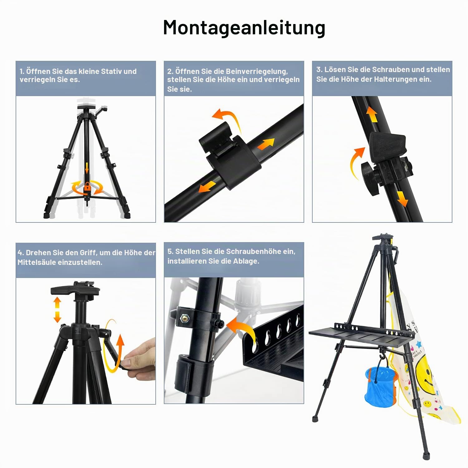 Staffelei für Malerei, Leinwand, Künstler, Staffelei, 50 bis 155 cm, Kunststaffelei zum Malen und Ausstellen, Aluminium, mit tragbarer Tasche/faltbarer Fässer/Schürze, Schwarz
