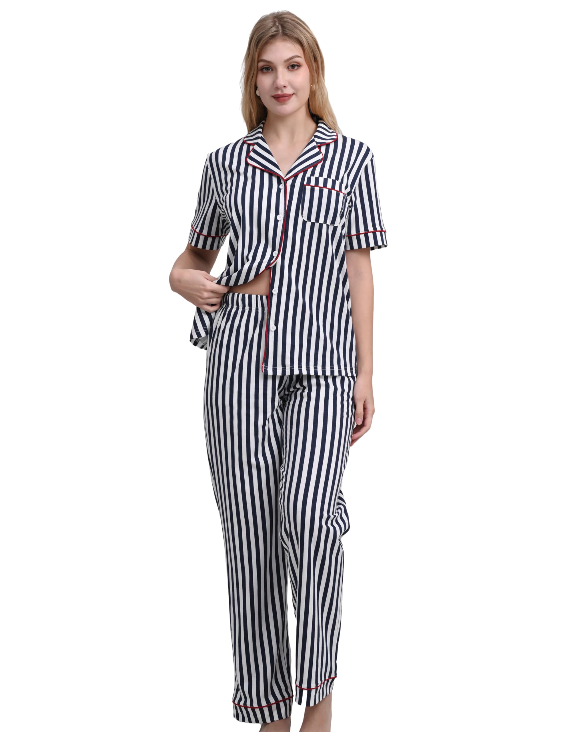 NAP BOUND 100% Cotton Women's Pajama Sets Short Sleeve Button Down Soft Pjs 2 Piece Lounge Set with Pocket Nightwear XS-XXL