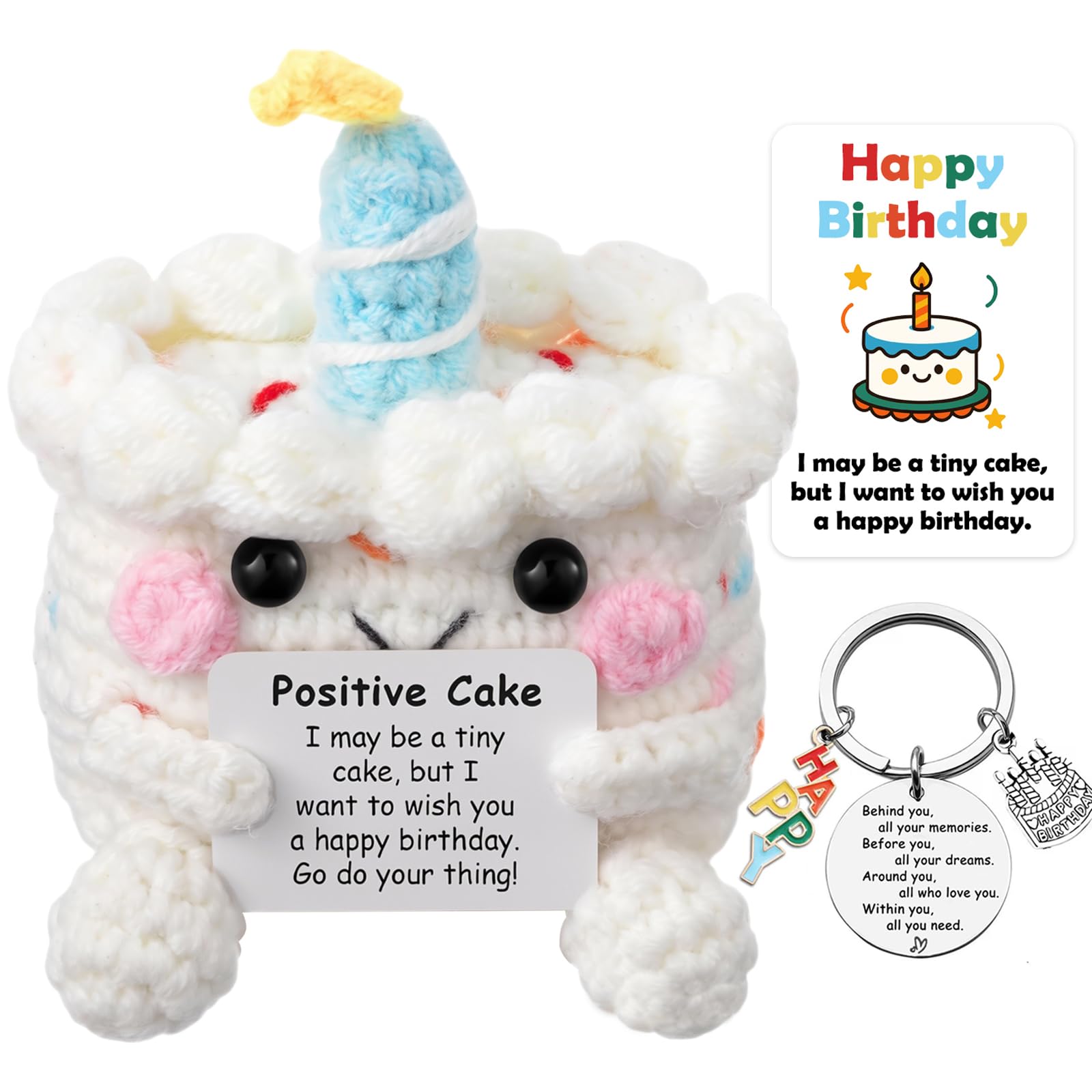 Vspek Emotion Support Crochet Cake Doll, Positive Gifts, Happy Birthday Decorations Keyring, Cheer Up Present, Birthday Gifts for Her, Him, Friends, Bestie, Sister, Coworker, Home Office Decor