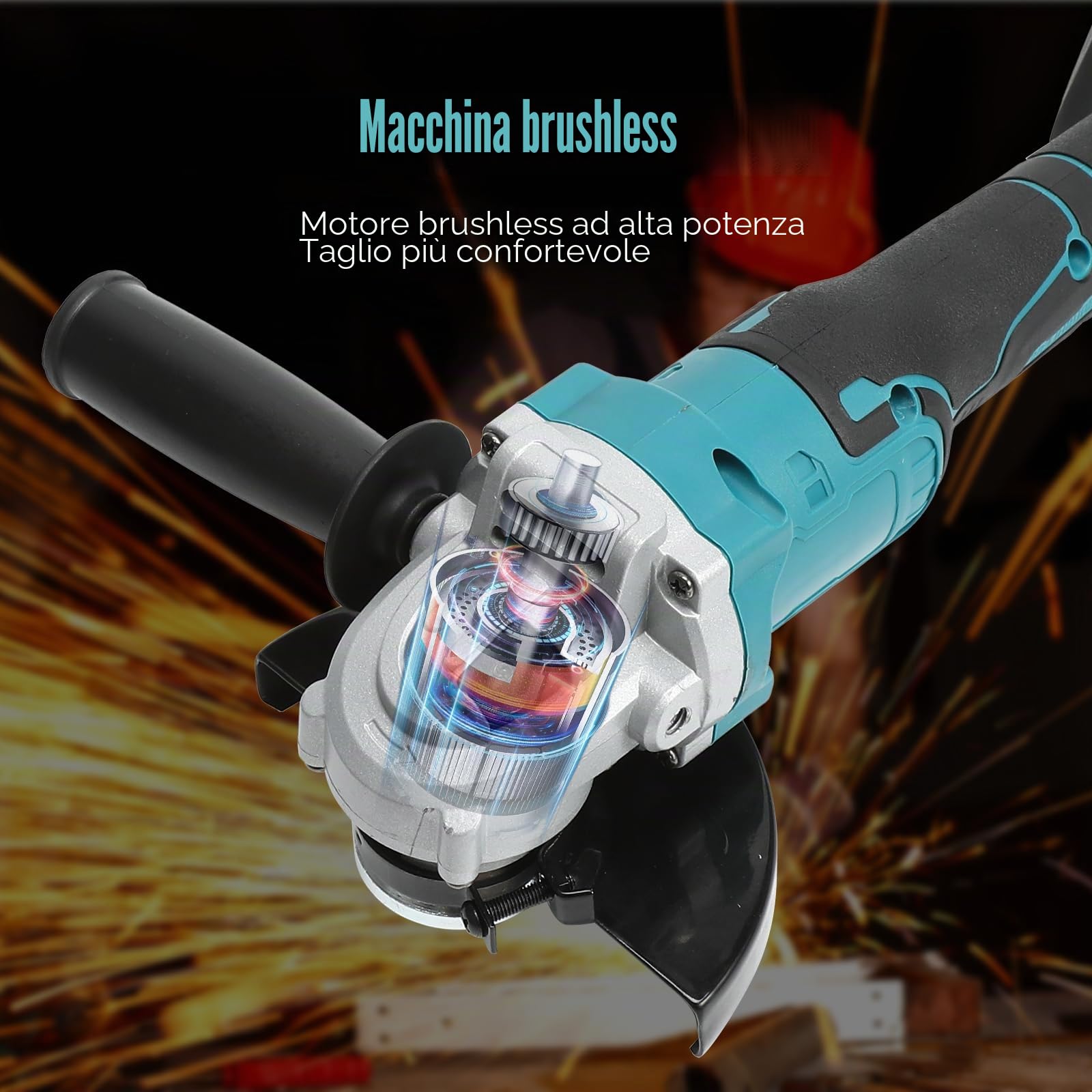 Smerigliatrice angolare senza fili compatibile con batteria Makita 18 V, 100/125 mm 12000 RPM smerigliatrice angolare a batteria con motore brushless e coperchio del disco levigante (125MM)