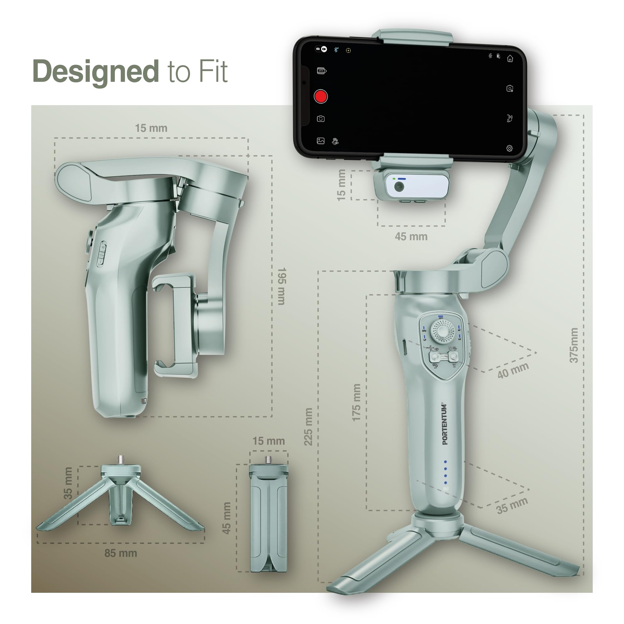 PORTENTUM 7 Pro Stabilizator smartfona z autonomicznym modułem sztucznej inteligencji - składany 3-osiowy uchwyt ze statywem - stabilizator iPhone i Android - opcjonalna aplikacja - TikTok vlog