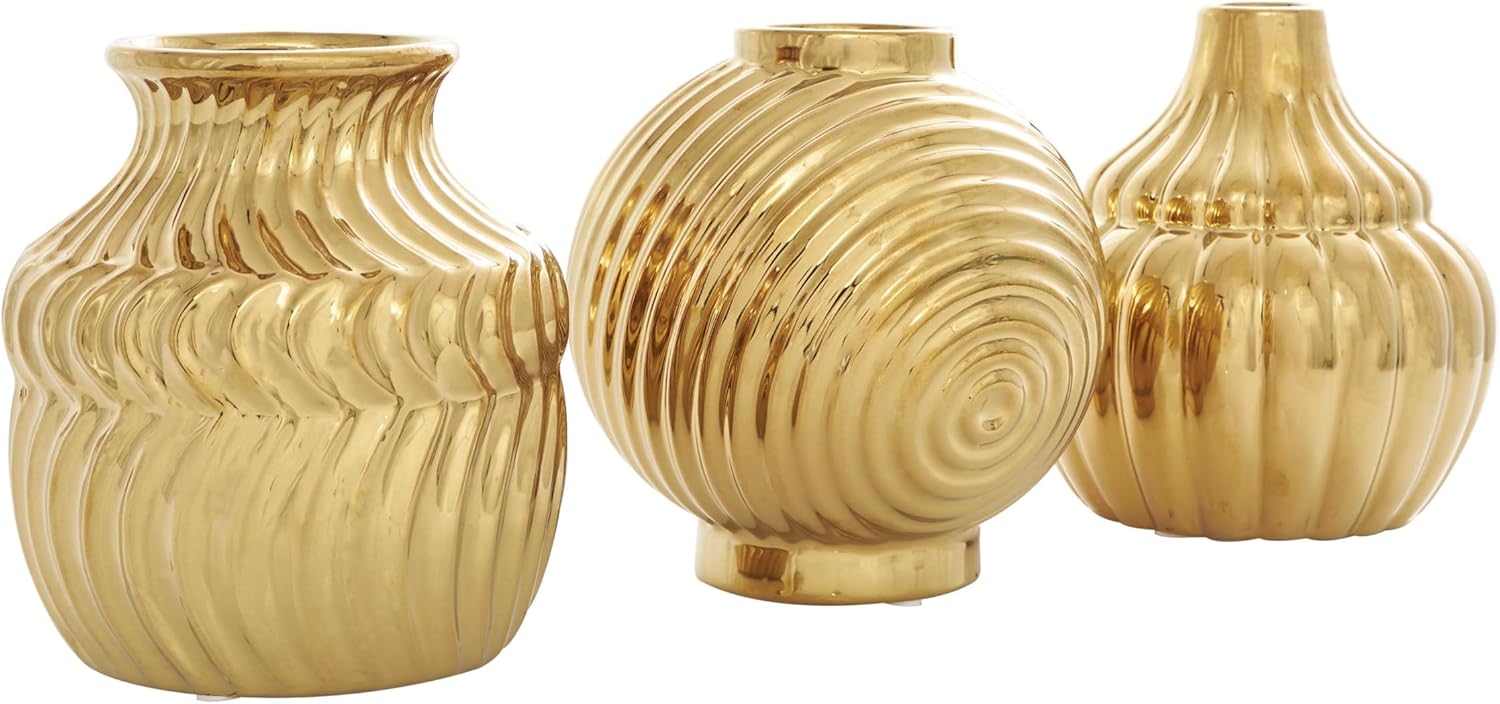 Deco 79 Ceramic Abstract Decorative Vase Small Textured Centerpiece Vases with Varying Shapes and Patterns, Set of 3 Flower Vases for Home Decoration 5" W, 6" H, Gold