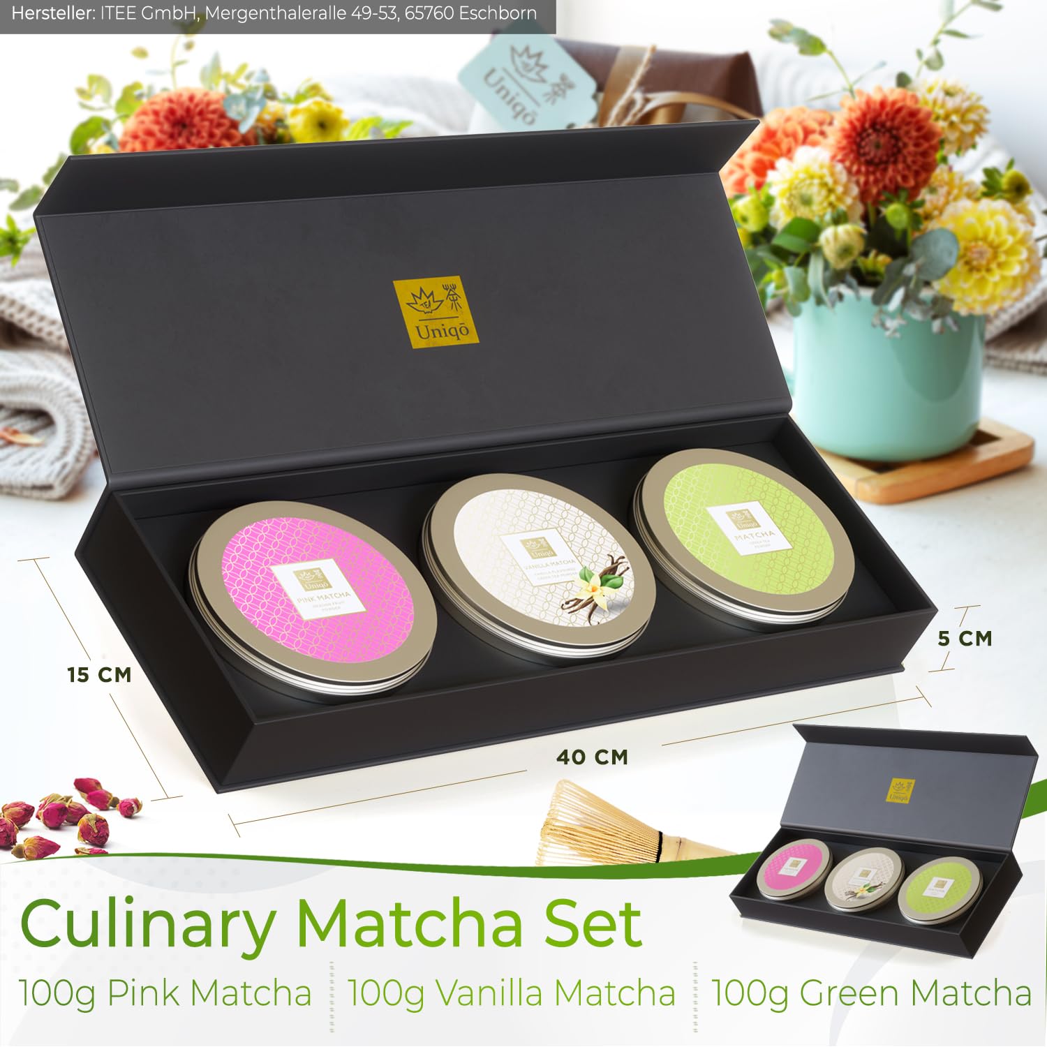 Tea Uniqo - Matcha Pulver Set mit Pink, Vanille und Pure Matcha | Tee Geschenkset mit Drachenfruchtpulver und Matcha Latte Pulver