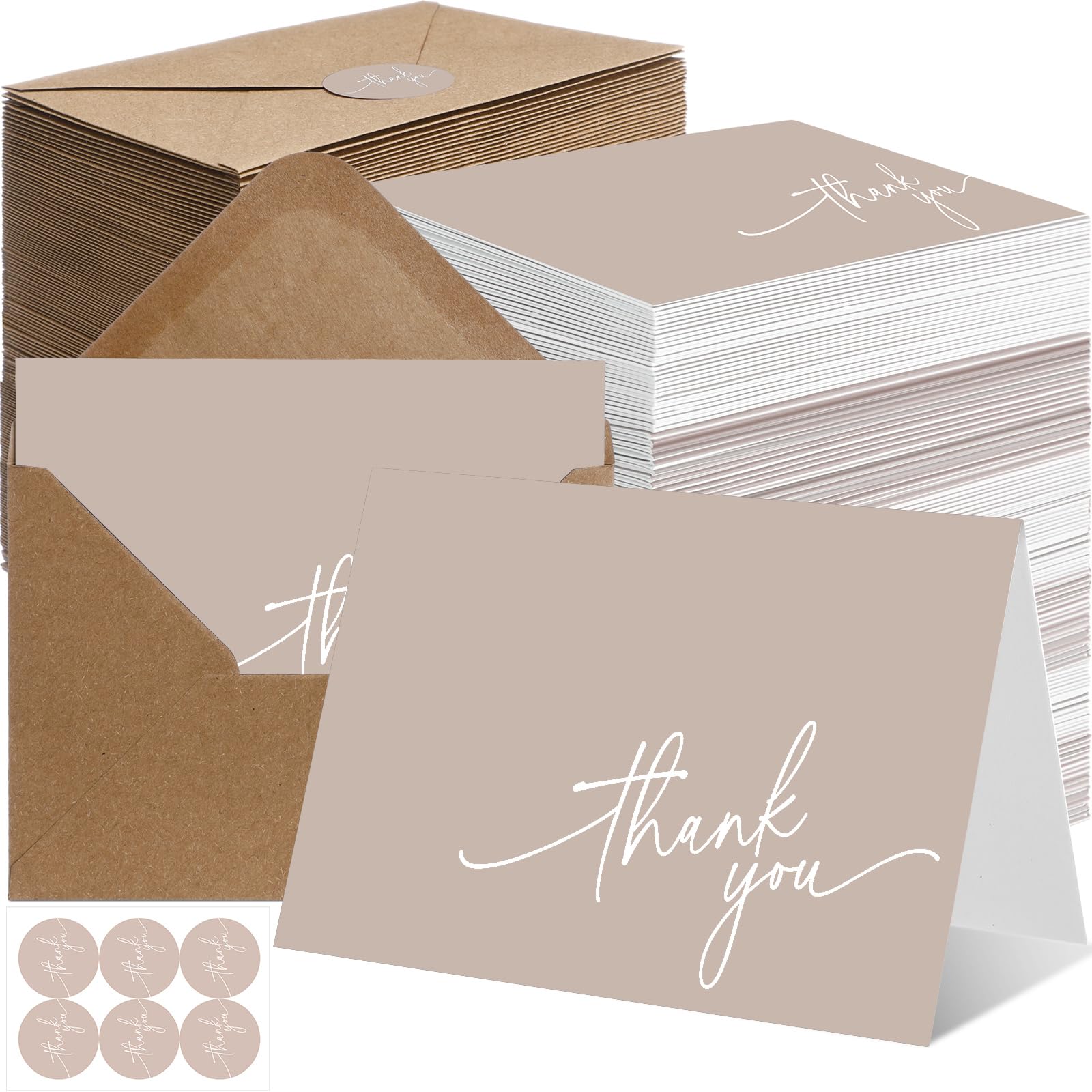 Gueevin Lot de 200 cartes de remerciement avec enveloppes en kraft et autocollants, 8,9 x 12,7 cm, notes de remerciement vierges élégantes pour mariage, affaires, remise de diplôme, fête prénatale