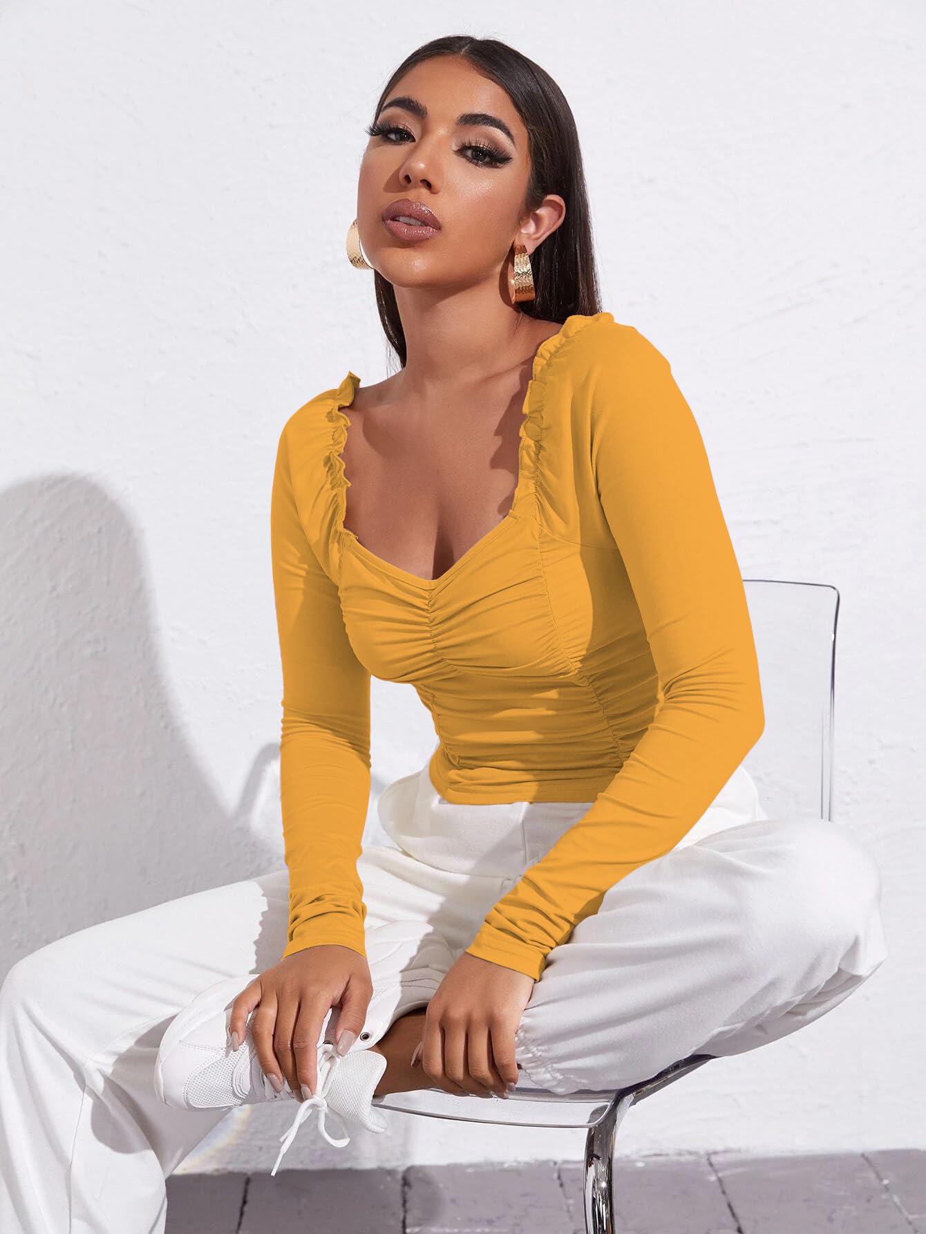 AVANOVA Damski i dziewczęcy długi rękaw Sweat Hear Neck obszycie falbankami Crop Top dla kobiet i dziewcząt (TOP 71)