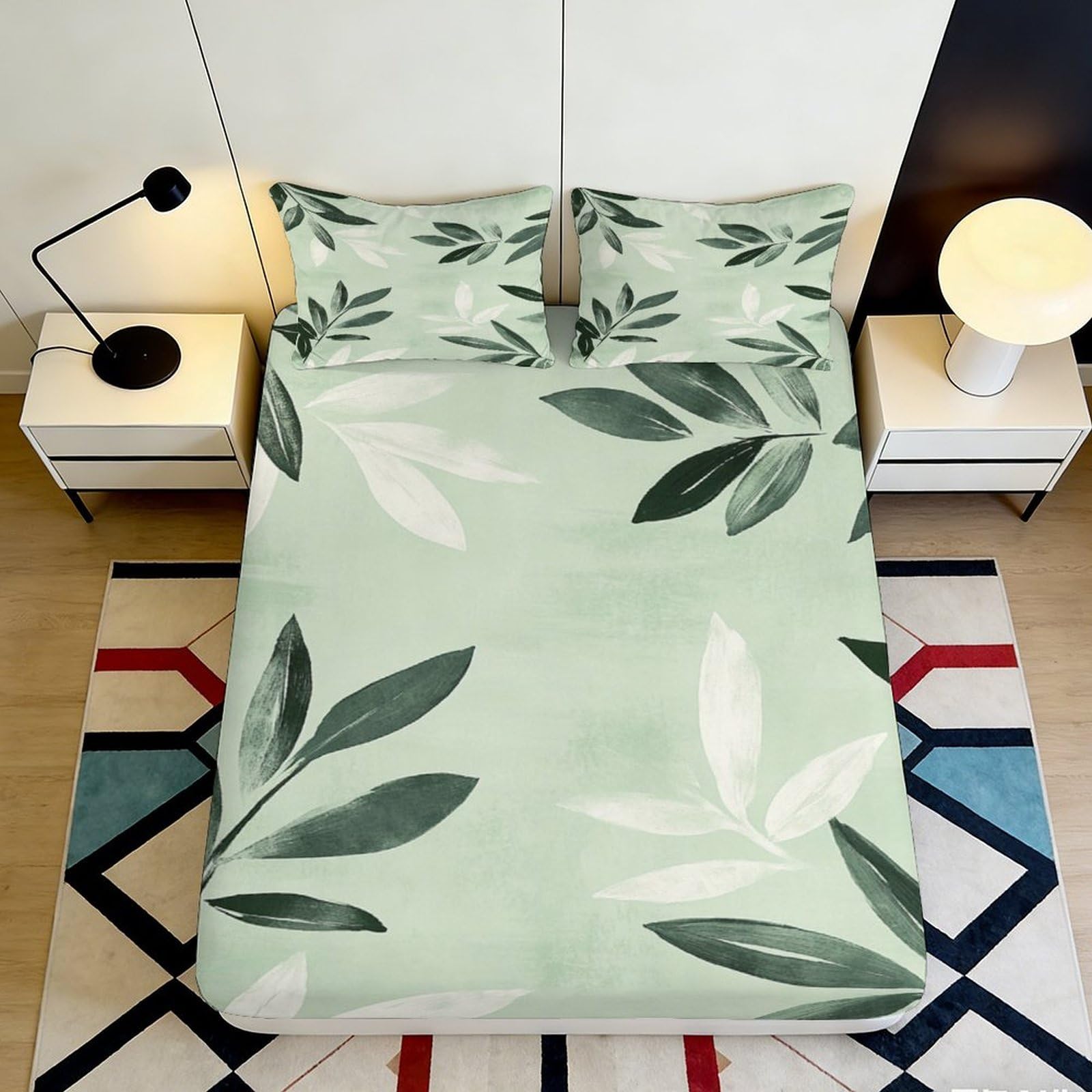 3D Printed Green Leaf Fitted Sheet Microfiber Soft Botanical Mattress Cover for Bedroom Guest Room Easy Care Decor 90x200x25cm