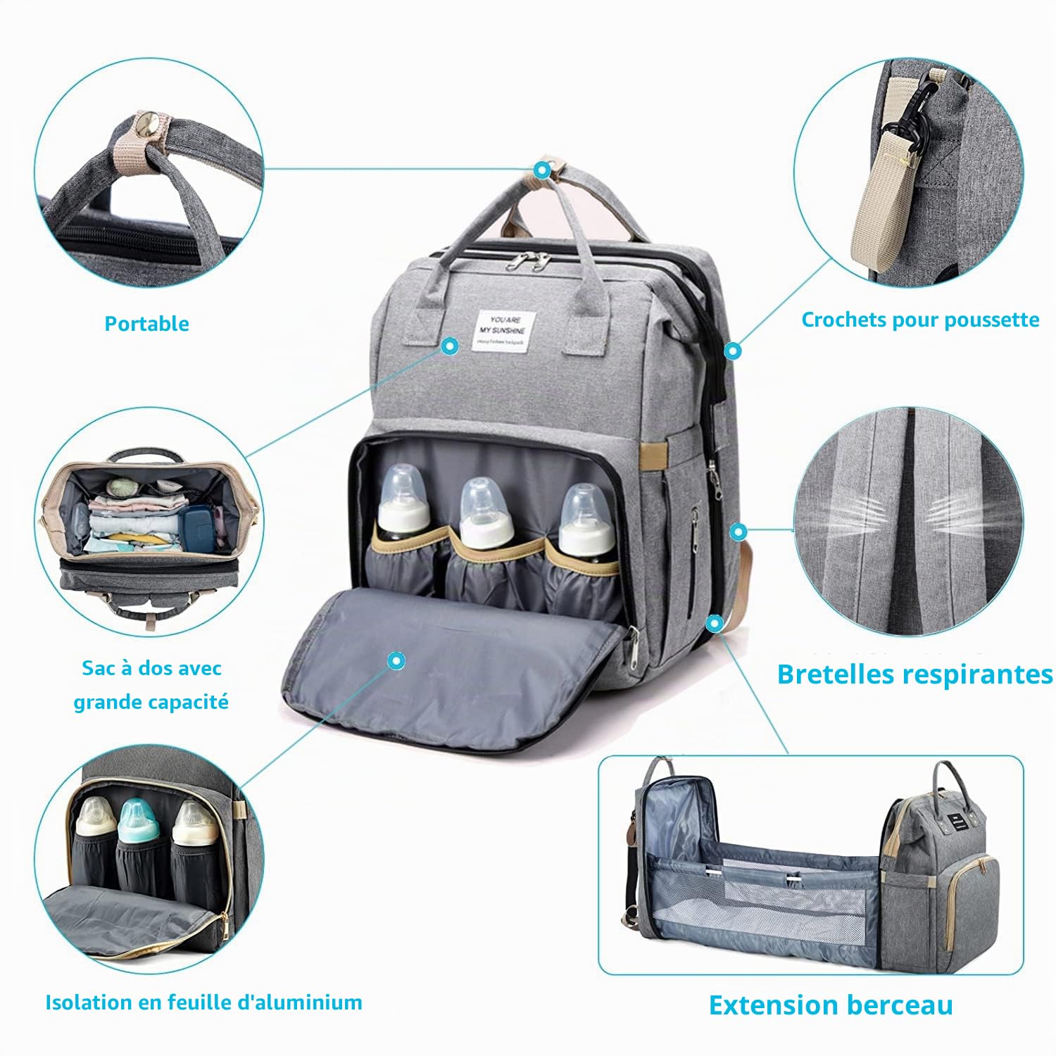 Sac à Dos à Langer pour Bébé,Sac de Voyage avec Lit de Bébé Portable,Grande Capacité Sac à Couches Multifonction Imperméable,2 Sangles de Poussette,pour Biberon Sac à Dos (Gris)