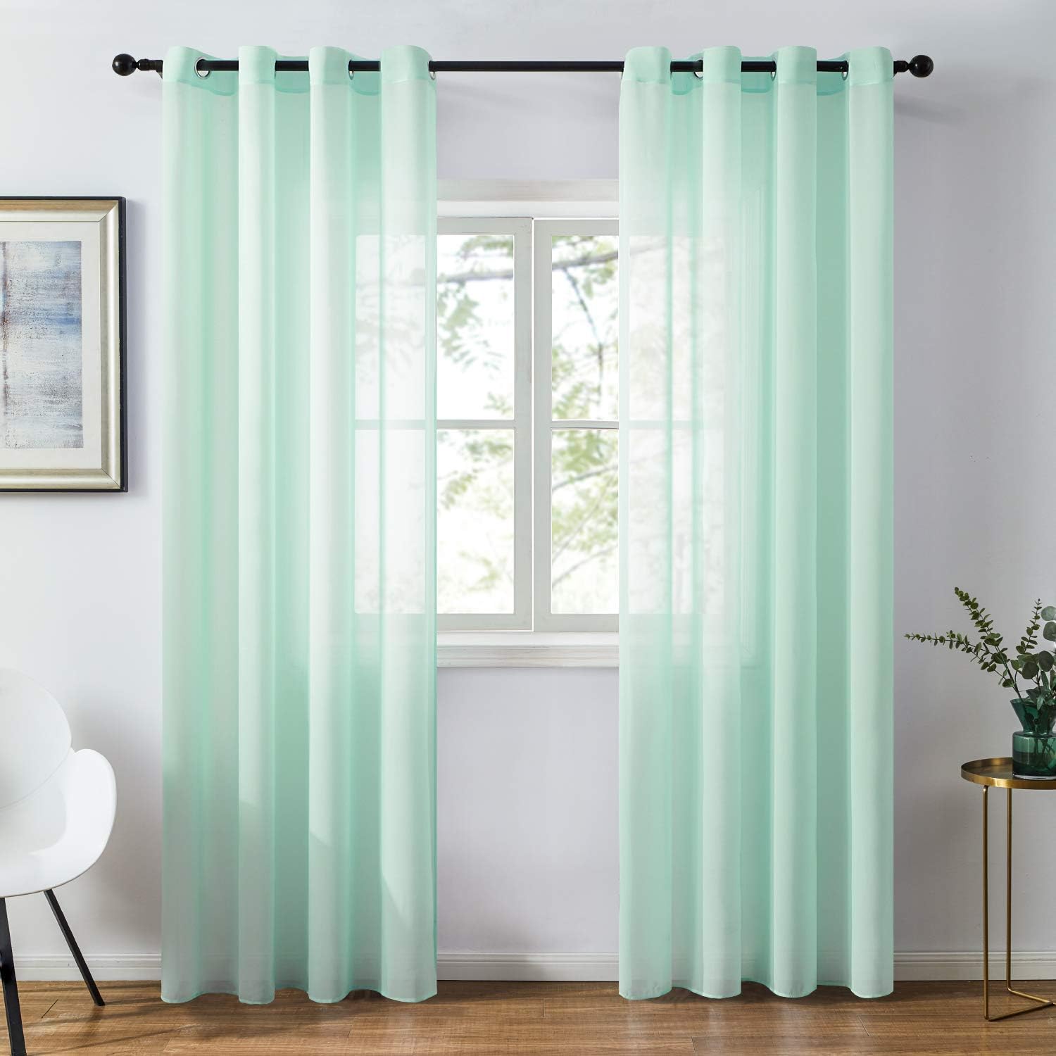 Topfinel Chiffon Mint Green Sheer Curtains 96 Inches Long for Doorway Soft Solid Grommet Window Curtains, 2 Panels