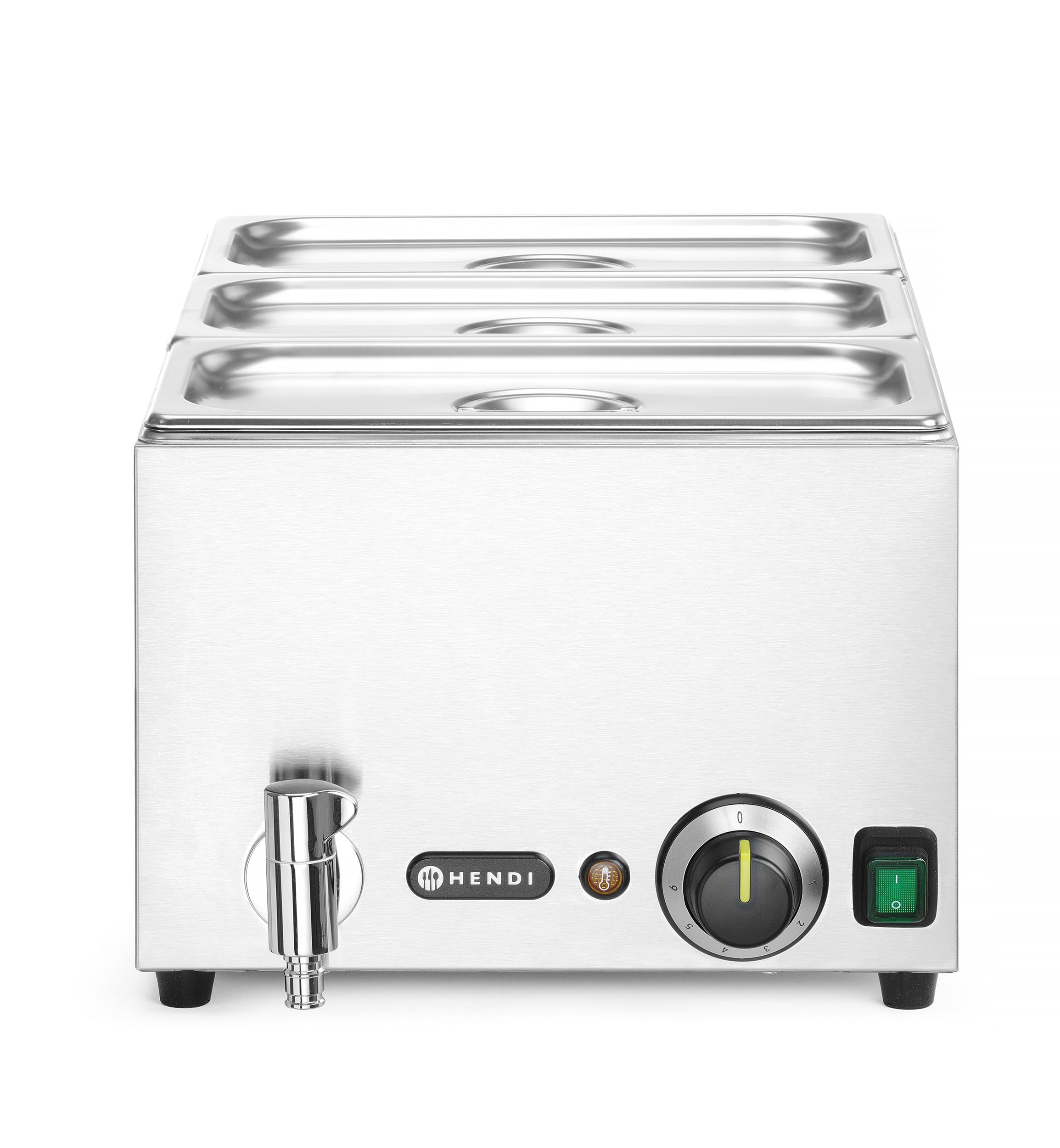 HENDI Bain-Marie mit Ablasshahn Set, mit 3x GN1/3 Behälter und Deckel, Temperaturbereich: 30° bis 85°C, 6 Heizstufen, Speisenwärmer, Buffetwärmer, GN1/1, 230V/1000W, 604x332x(H)242mm, Edeltahl