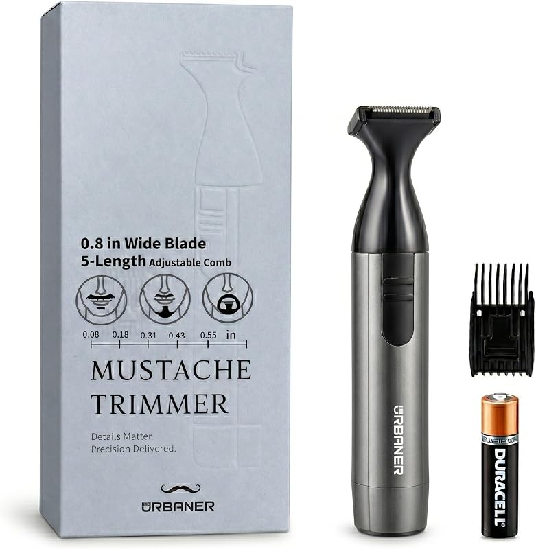 Aparador de bigode URBANER com lâmina de 20,32 mm, ajuste de comprimento e bateria AA, Preto e Cinza