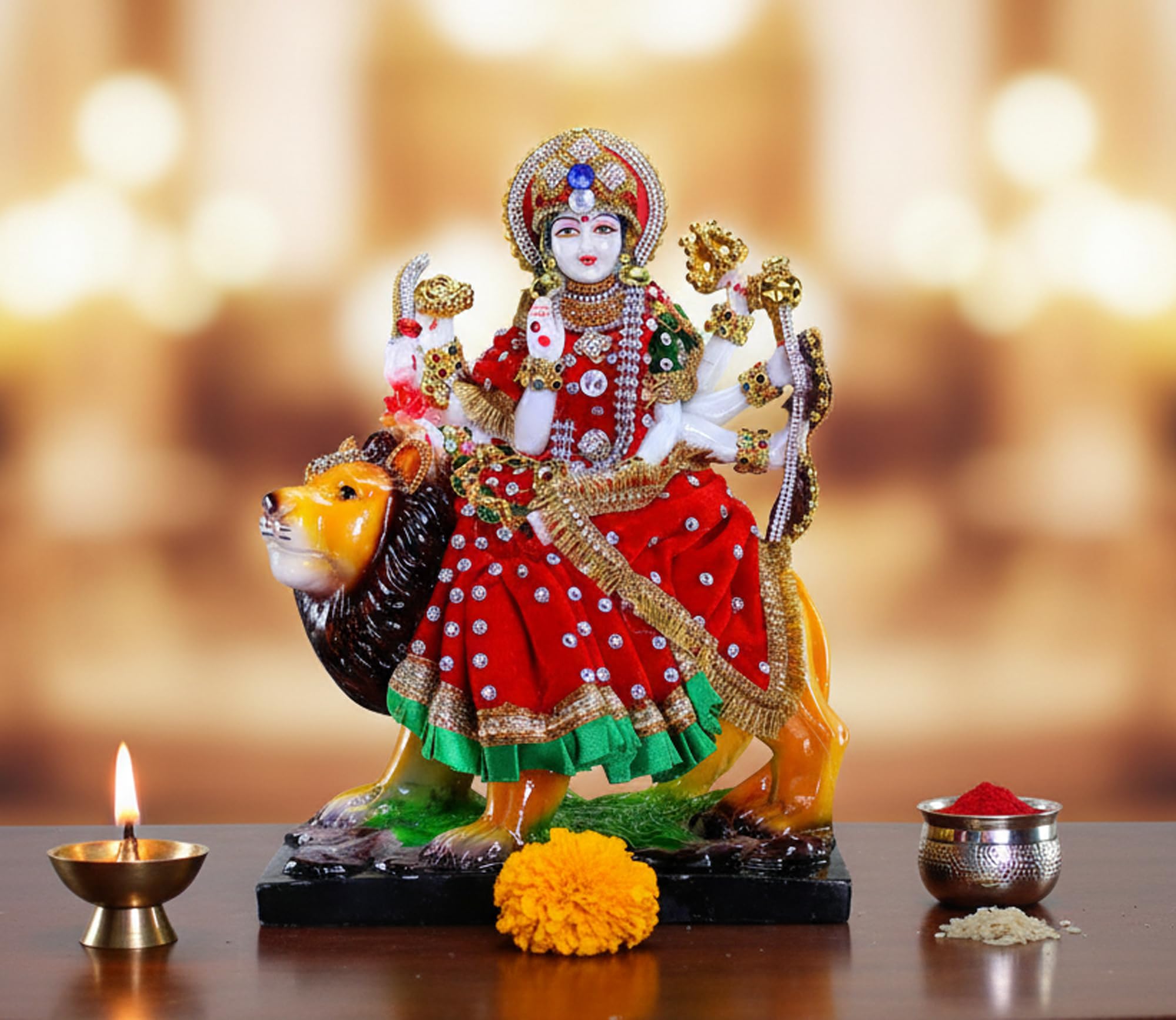 Esplanade Resin Maa Durga MATA Rani Sherawali Murti Idol Statue Sculpture - Multicolour (8 x 11.5 Inches)