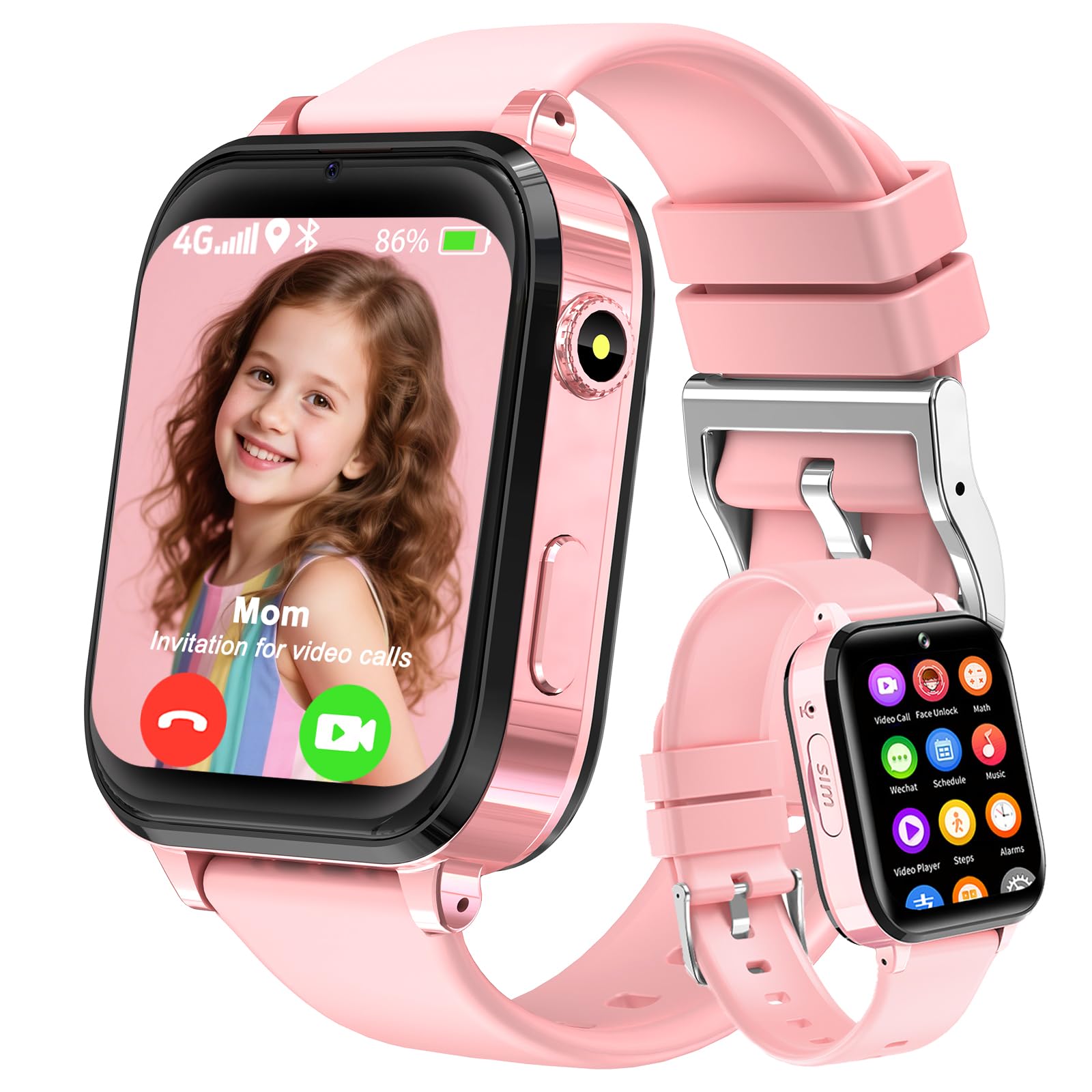 Children's Smartwatch, 4G Smartwatch Children with GPS Phone Video Calls HD Family Chat SOS School Mode Pedometer IP68 Waterproof, GPS Watch Girls and Boys (Peach)