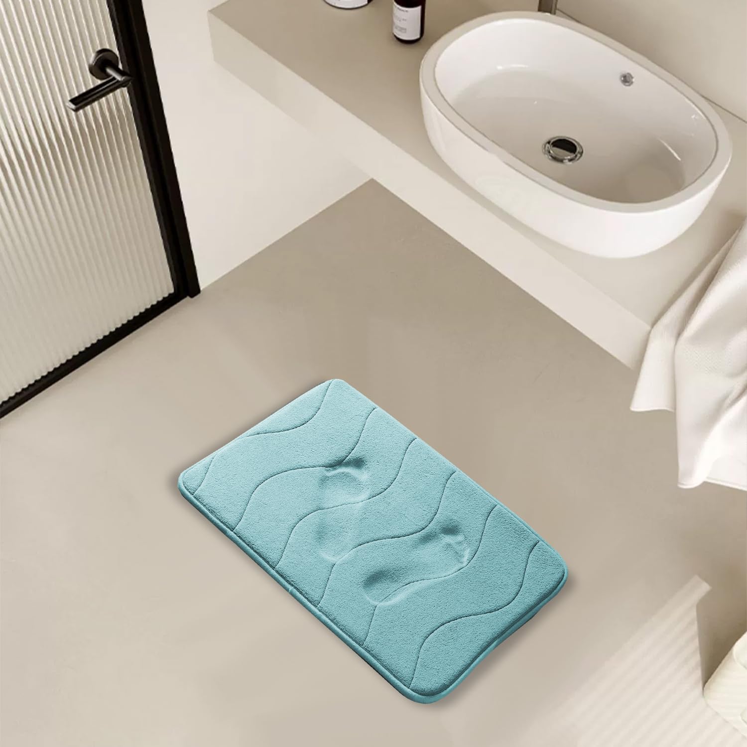 Memory Foam Bath Mat Bathroom Rug Flannel Velvety Bath Mat Non Slip Absorbent Rugs for Bathroom/Bedroom Easier to Dry and Extra Soft, Machine Washable,50x80cm,Light Blue