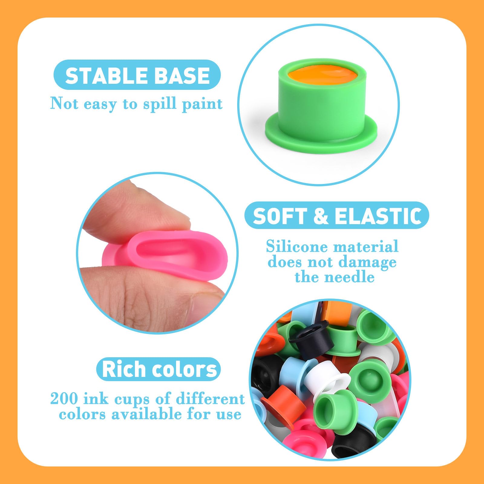 BAMTTOO 200pcs Tattoo Ink Cup Mix Color Disposable Silicone Pigment Cups Eyebrow Eyeliner Lip Pigment Cap Tattoo Pigments Holder Microblading Tattoo Supplies - Image 3