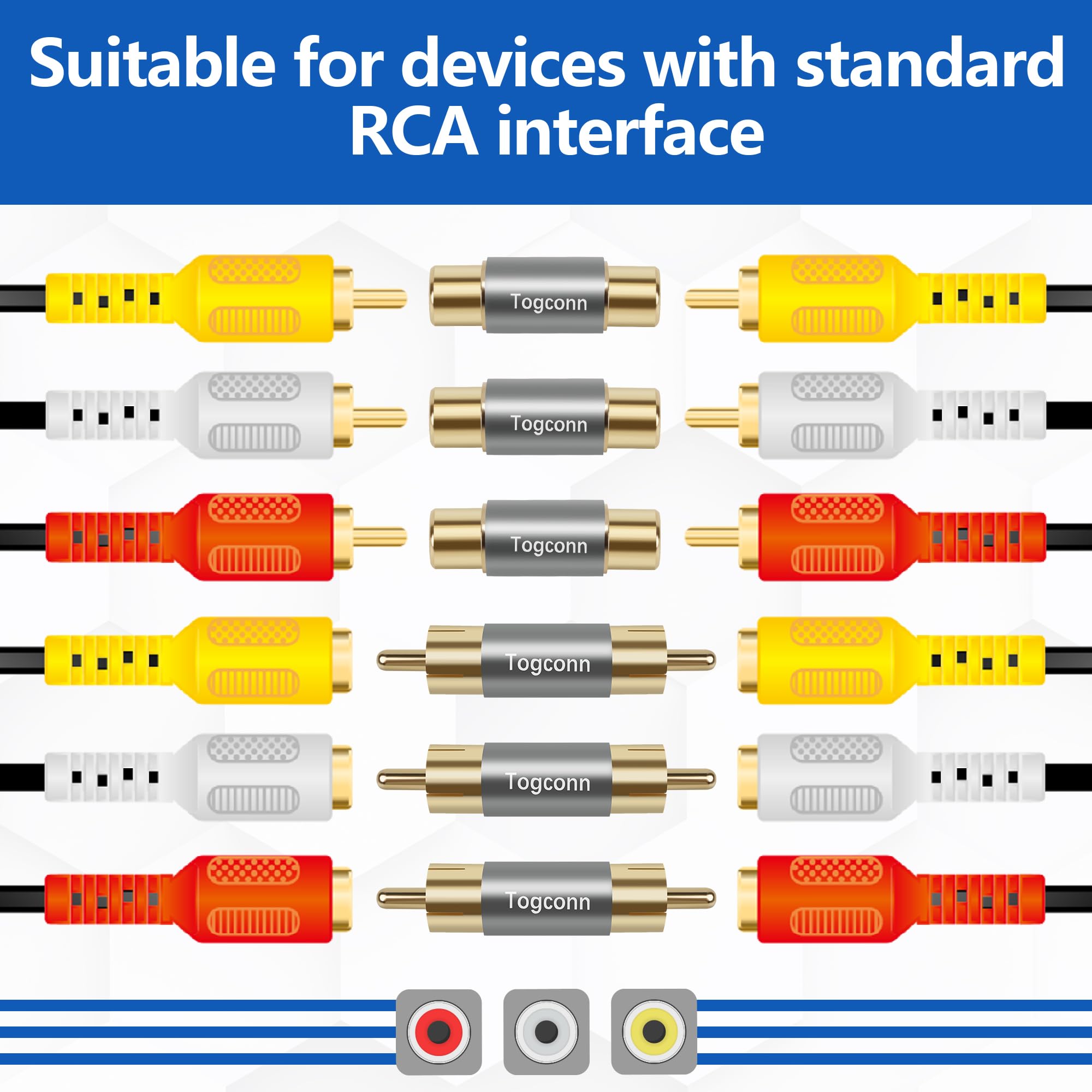 Paquete de 4 adaptadores RCA, 2 acopladores RCA hembra a hembra y 2 acopladores RCA macho a macho, chapado en oro para extensión de cable RCA, altavoz, amplificador