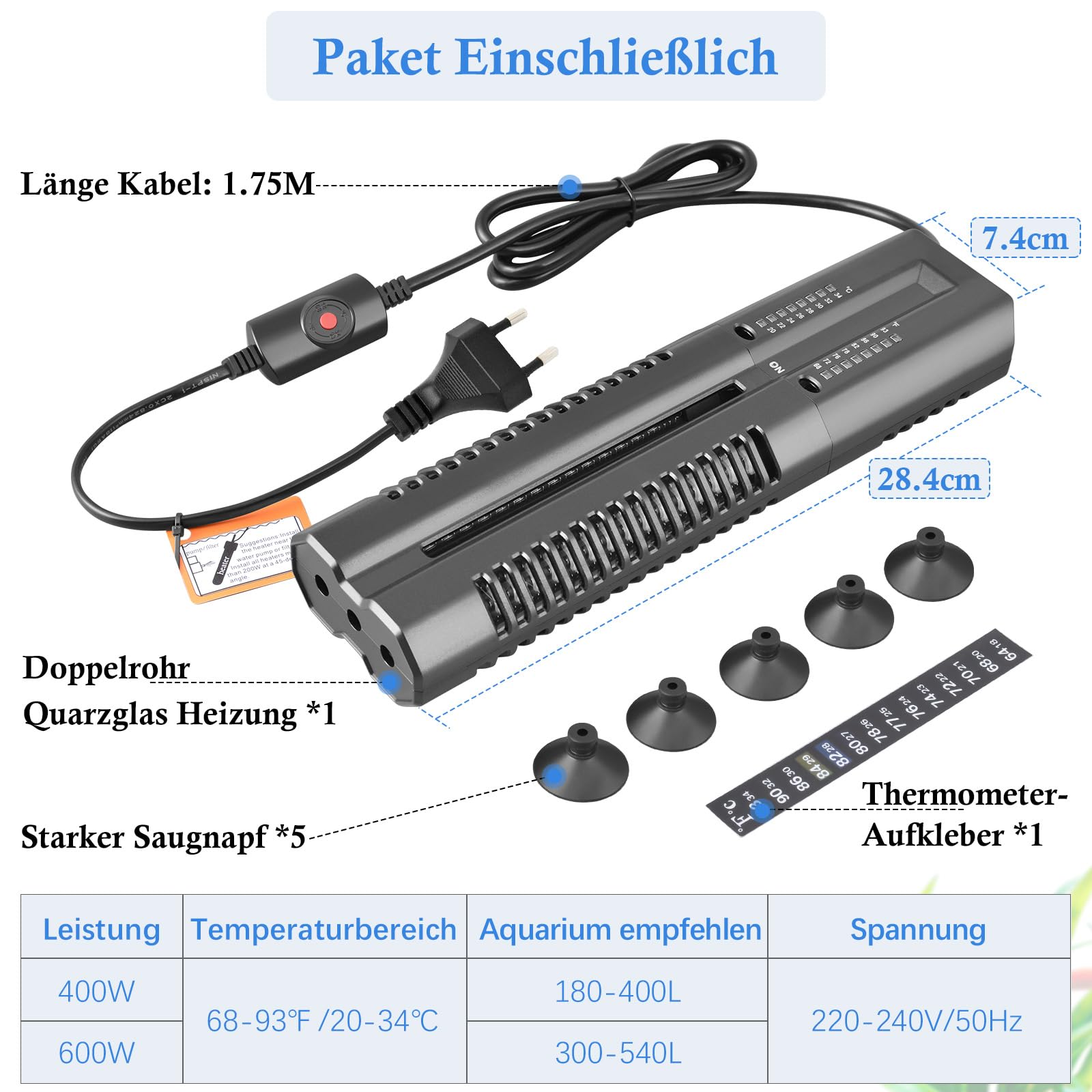 FEDOUR 600W Doppelrohr Aquarienheizer, Stabile Aquarium Heizstab mit Schutzkoffer, Einstellbarer Heizer für 300-540L Süß-/Salzwasser