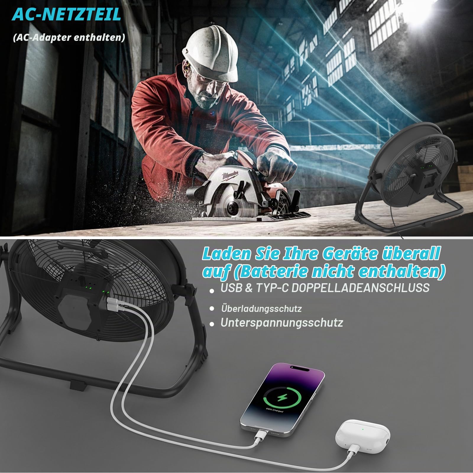 Batteriebetriebener Bodenventilator für Makita 18 V Akku, tragbarer Ventilator mit AC-Adapter und USB-Ausgang, Metall, industrielle hohe Geschwindigkeit, stufenlose Geschwindigkeit, kabelloser