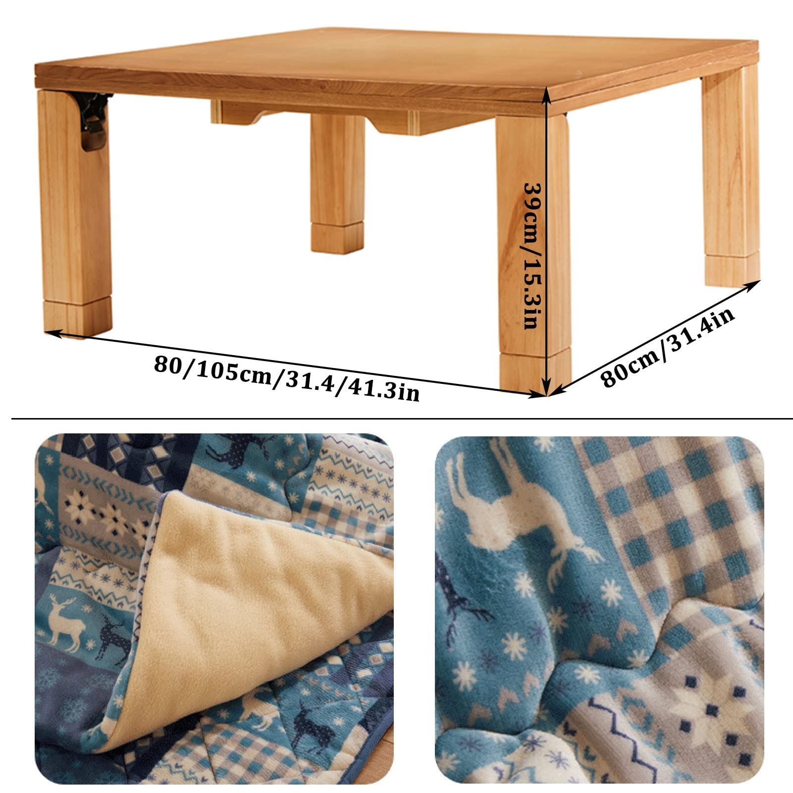 Stół grzewczy Stół kuchenny Składany niski stolik Stolik do herbaty w stylu vintage Stolik kawowy Stół grzewczy + kołdra + dywan + grzejnik，Natural-80x80x39cm
