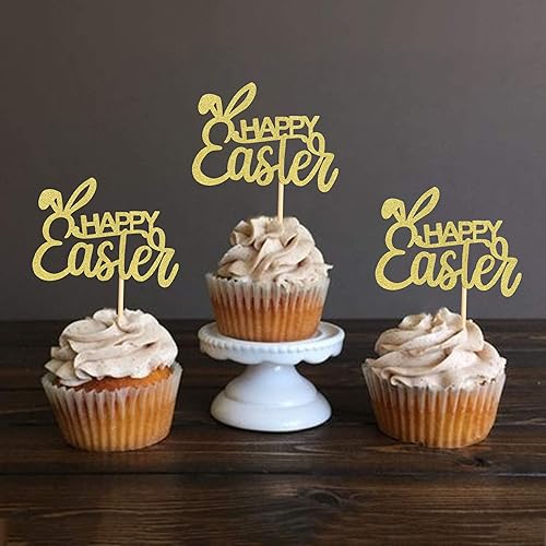 Miniatura 5 de Ercadio Paquete de 25 adornos para cupcakes con diseño de conejito con decoración de pastel de Pascua, orejas de conejo con purpurina, suministros