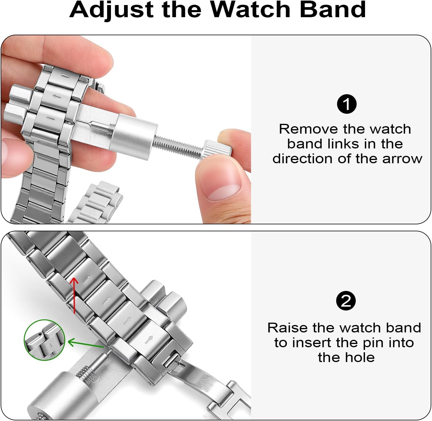 Solid Watch Link Removal Kit, Tools to Adjust and Remove Bracelets，Watch Strap Size Adjuster, Watch Band Adjustment Tool Kit with 6 Extra Pins and 1 Hammer