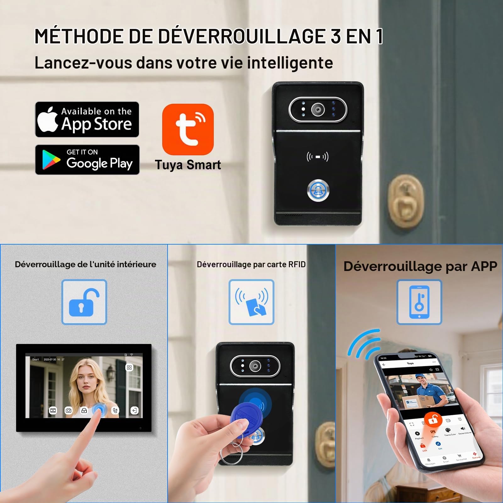 2 Fils Visiophone Connecté Filaire, Kit Interphone Vidéo WiFi Tuya avec Écran Tactile Couleur de 7", Sonnette avec Caméra 1080P Vision Nocturne IP65, Déverrouillage APP/Carte RFID